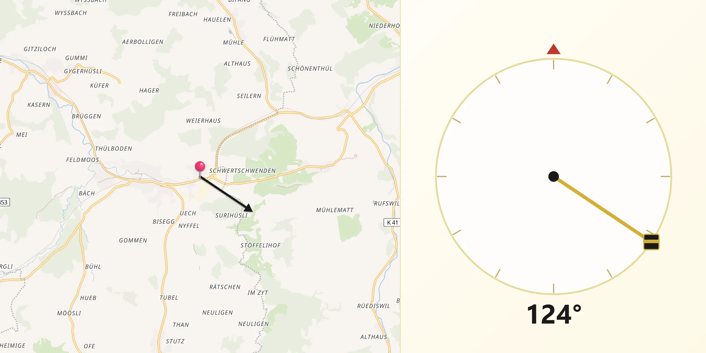 Direction vers la Qibla depuis Huttwil