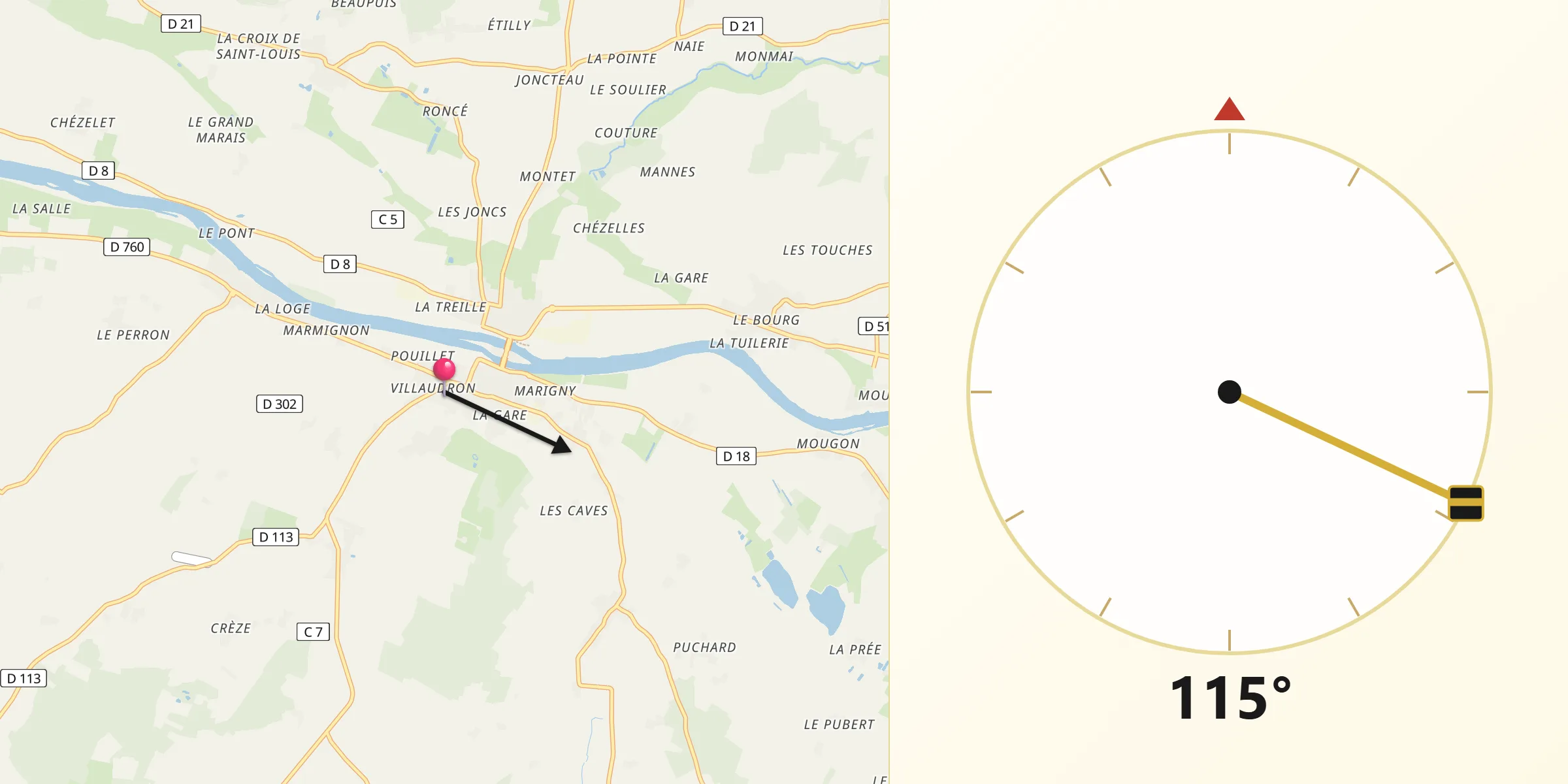 Direction vers la Qibla depuis L'Île-Bouchard