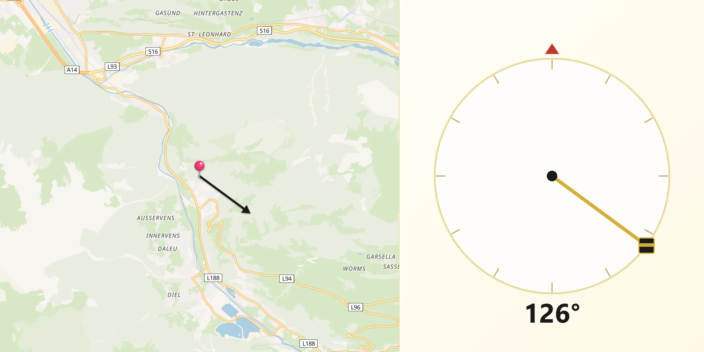 Qibla-Richtung von Sankt Anton im Montafon