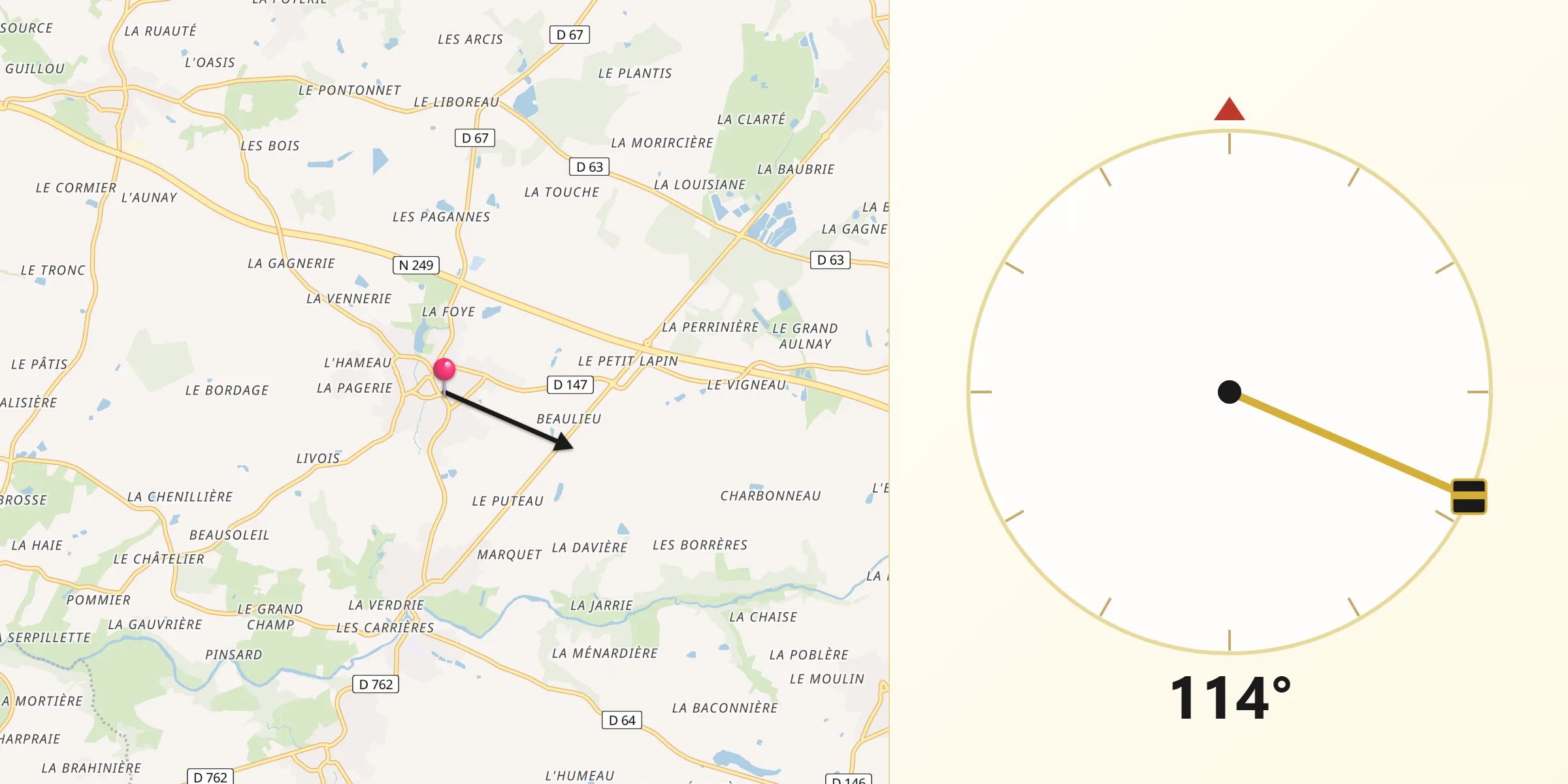 Direction vers la Qibla depuis Saint-Germain-sur-Moine