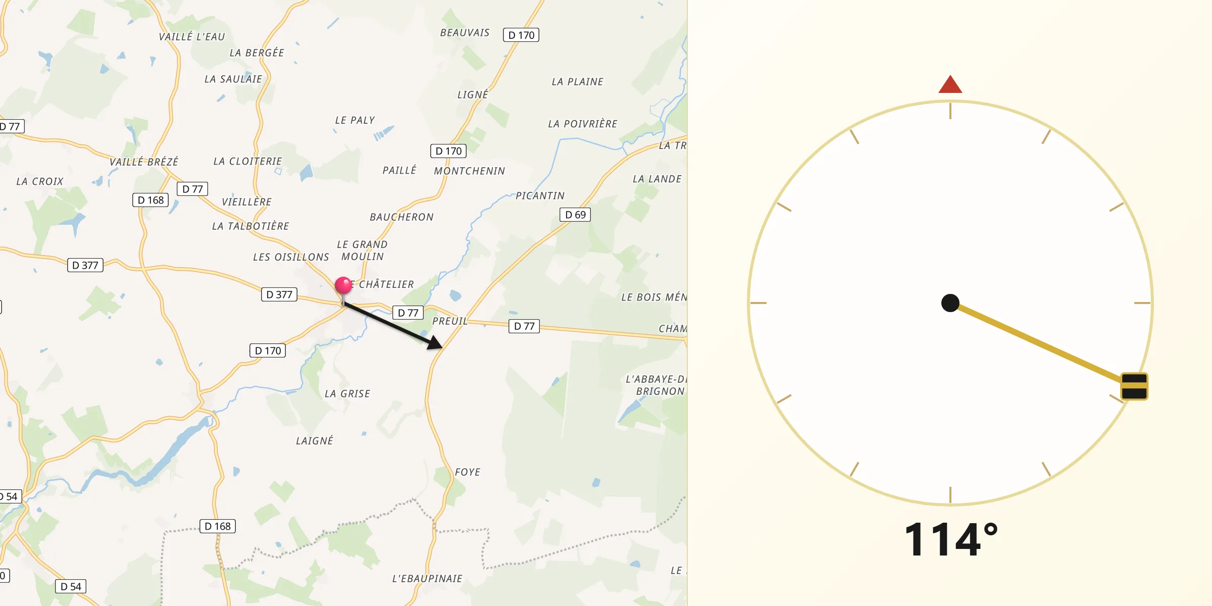 Direction vers la Qibla depuis Nueil-sur-Layon