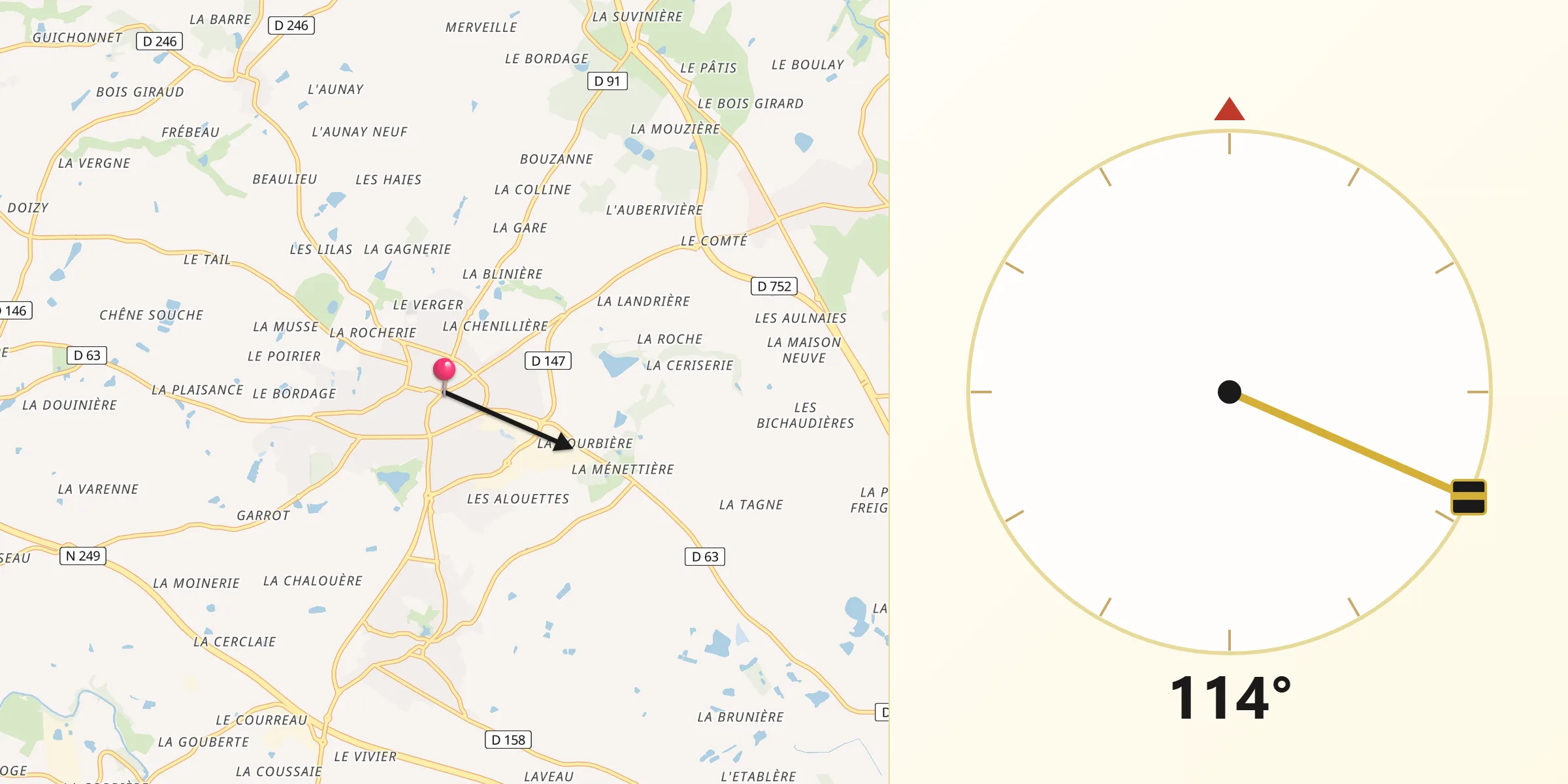 Direction vers la Qibla depuis Saint-Macaire-en-Mauges
