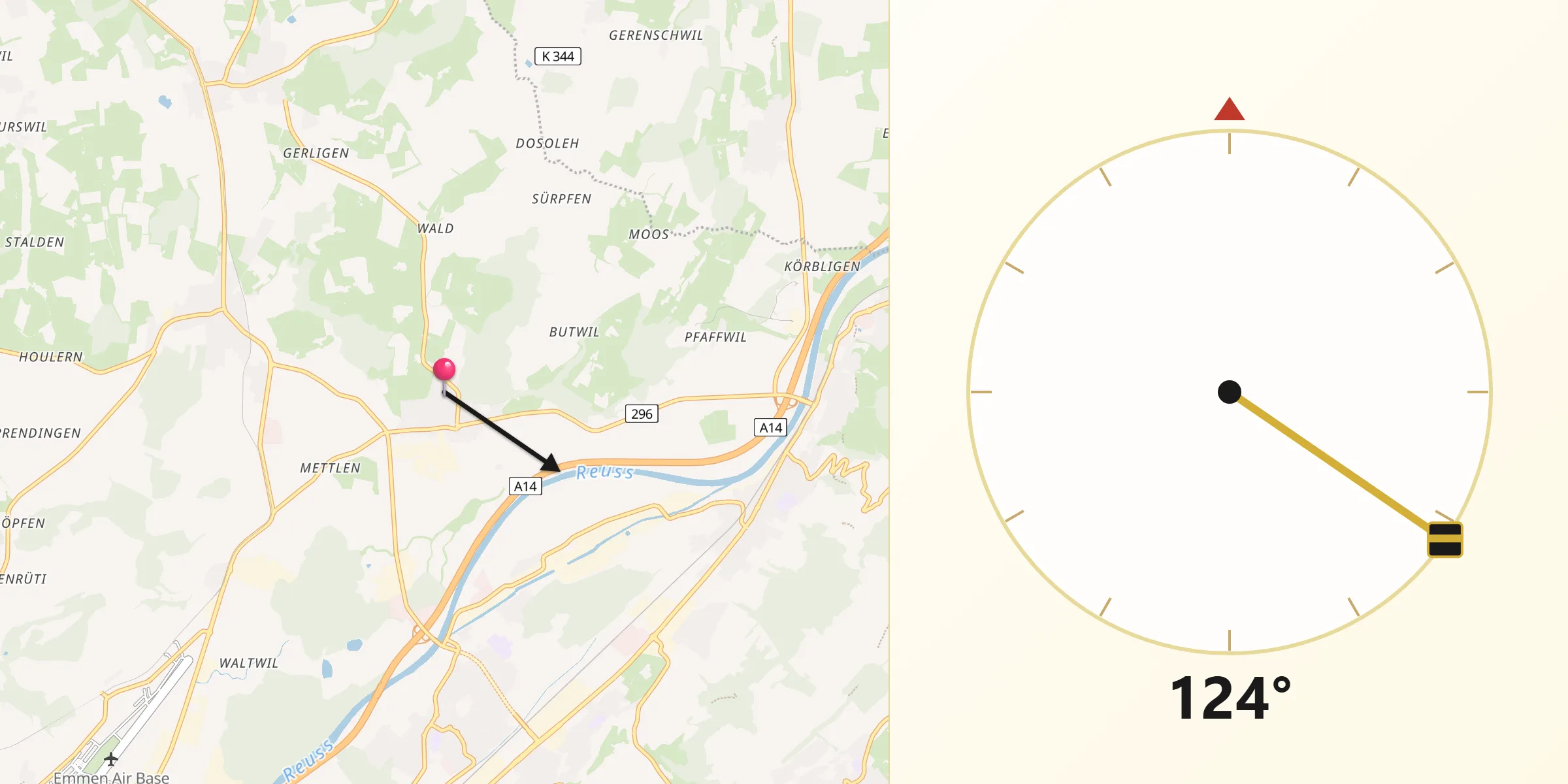 Direction vers la Qibla depuis Inwil