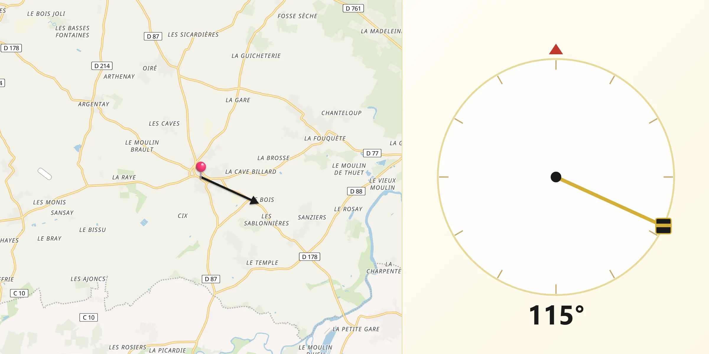 Direction vers la Qibla depuis Le Puy-Notre-Dame