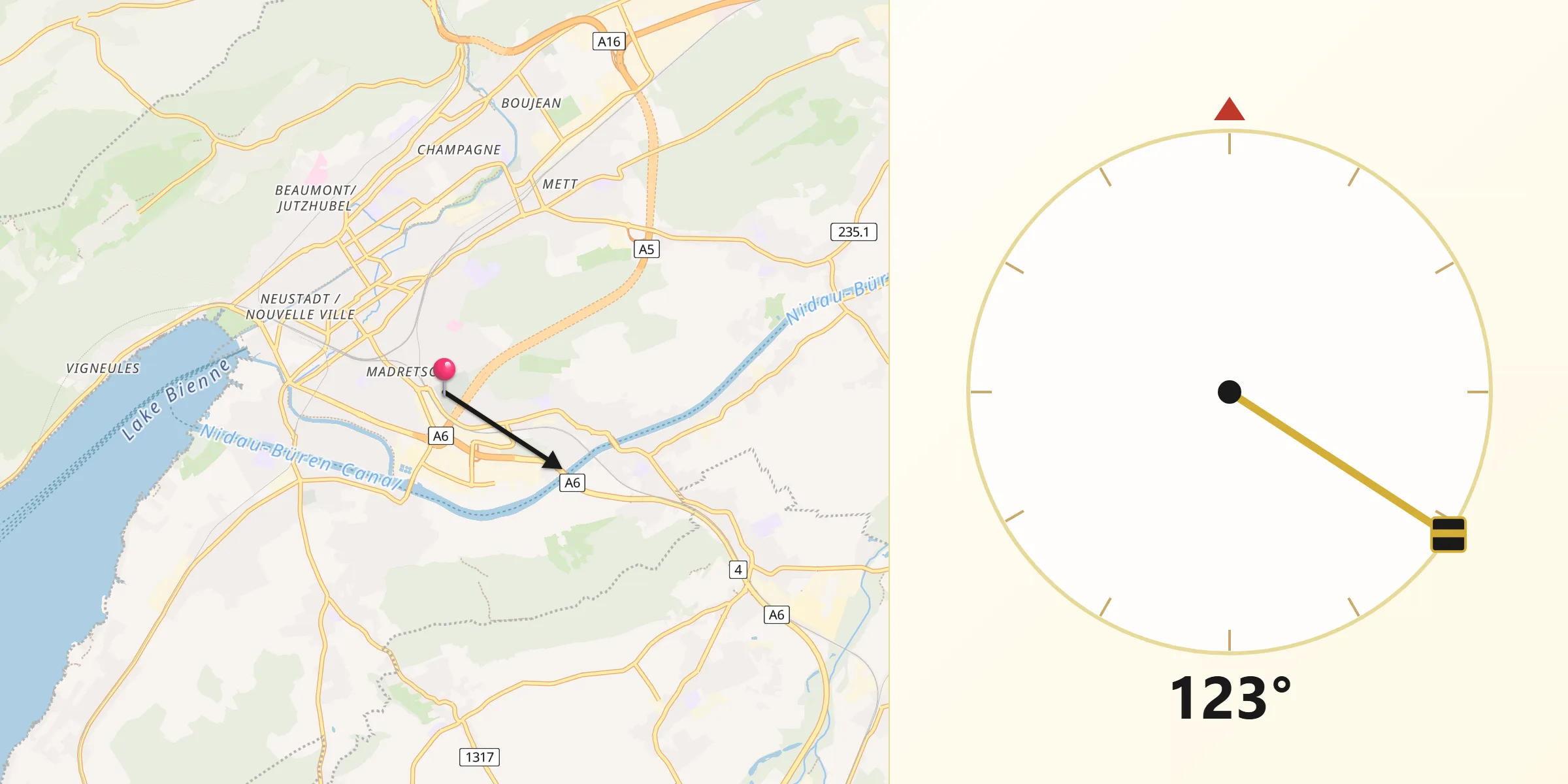 Direction vers la Qibla depuis Biel/Bienne District