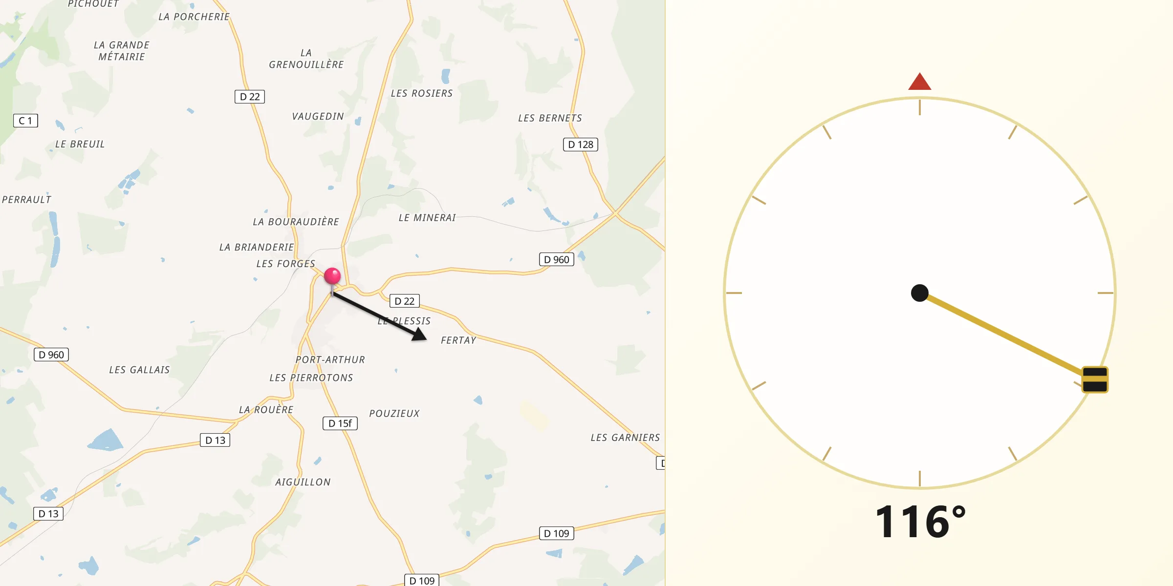 Direction vers la Qibla depuis Luçay-le-Mâle
