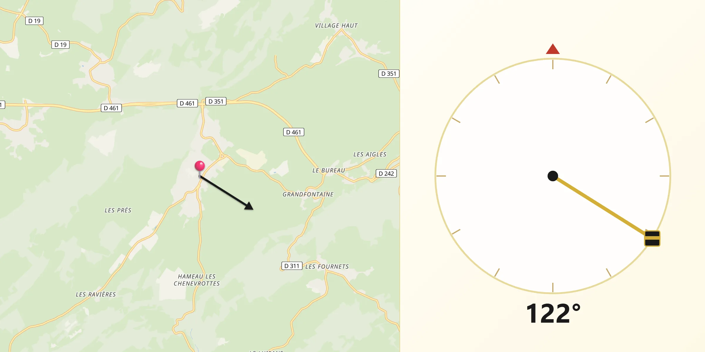 Direction vers la Qibla depuis Orchamps-Vennes
