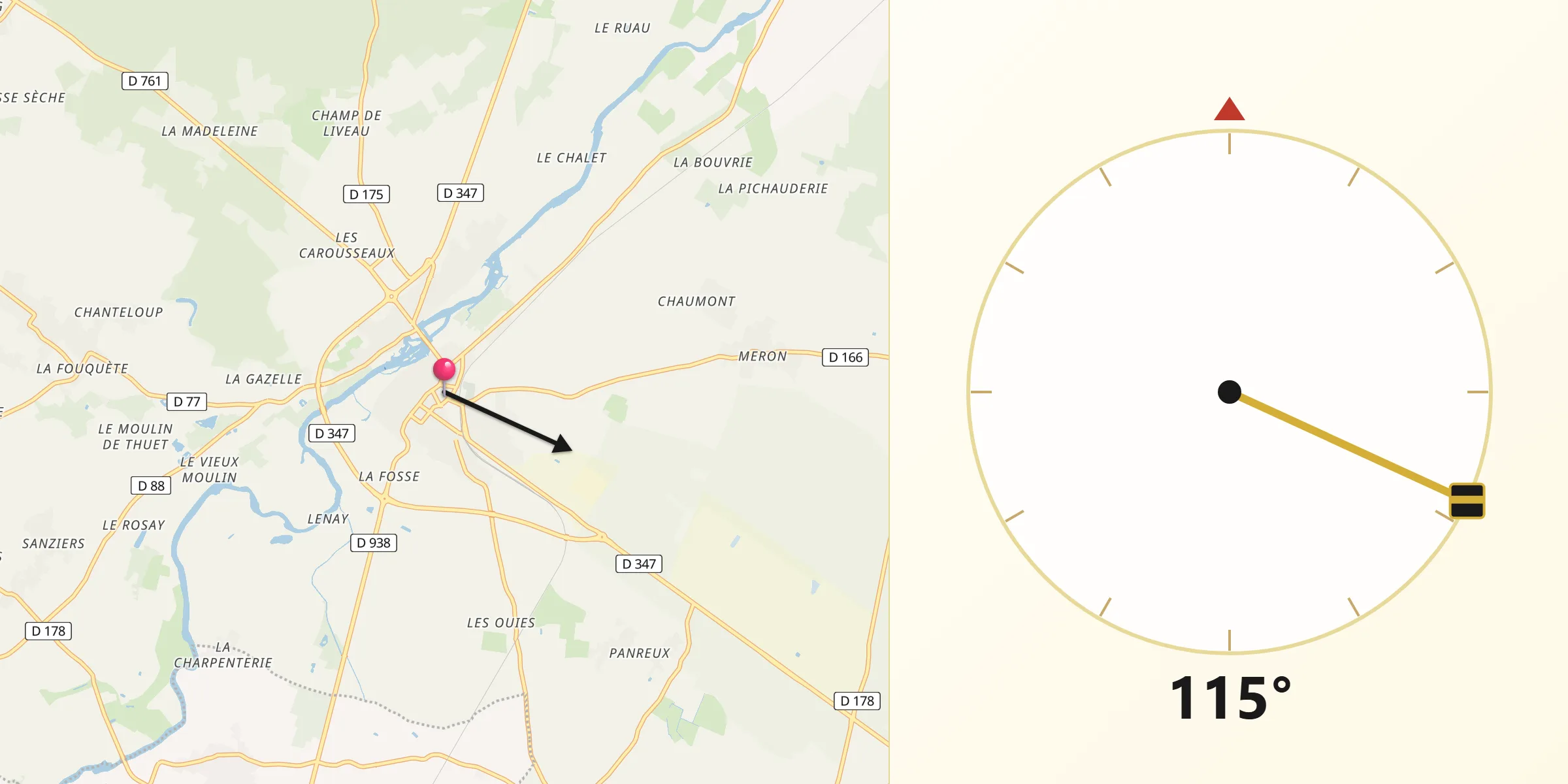 Direction vers la Qibla depuis Montreuil-Bellay
