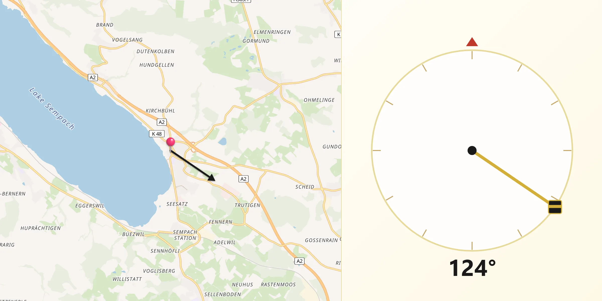 Direction vers la Qibla depuis Sempach