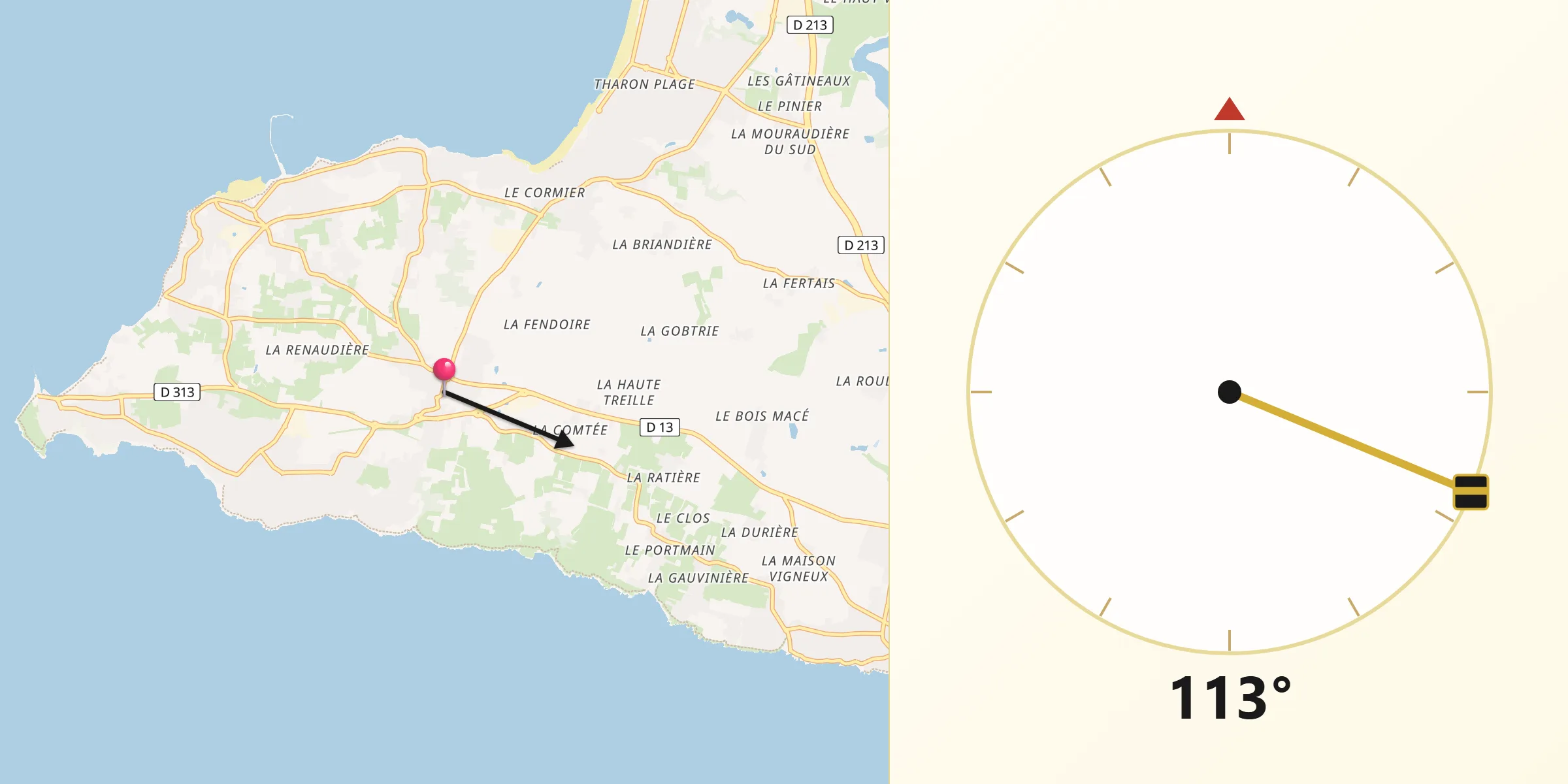 Direction vers la Qibla depuis La Plaine-sur-Mer