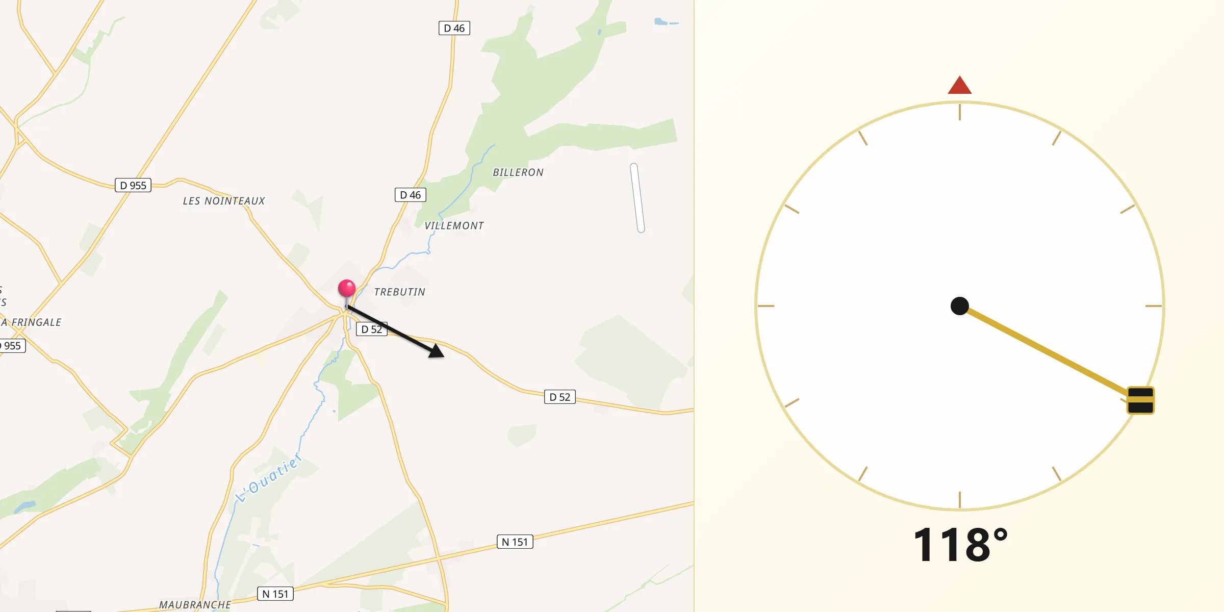 Direction vers la Qibla depuis Sainte-Solange