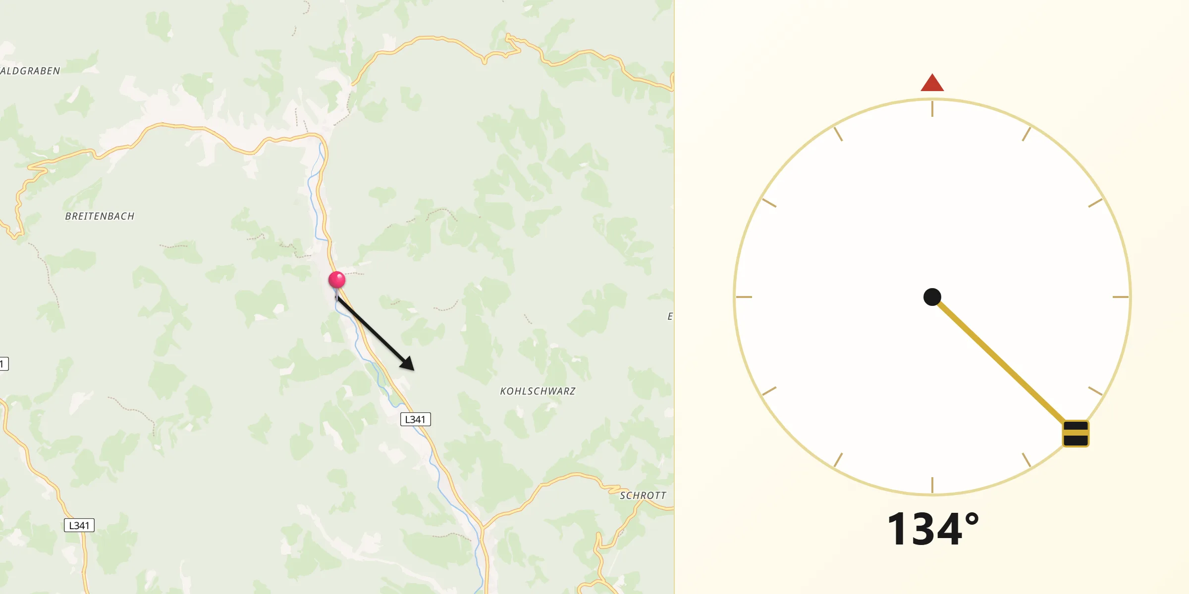 Qibla-Richtung von Kainach bei Voitsberg