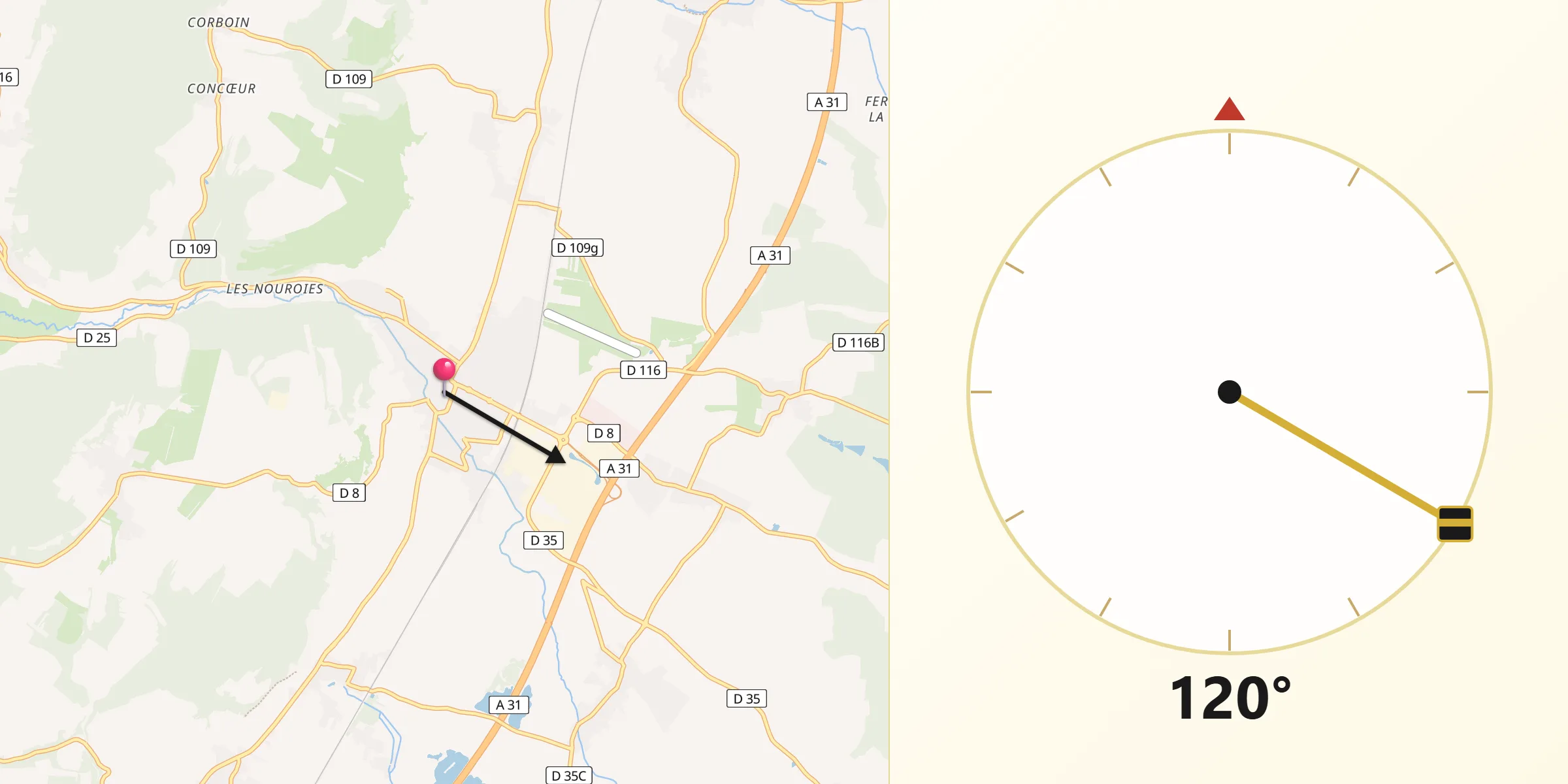 Direction vers la Qibla depuis Nuits-Saint-Georges