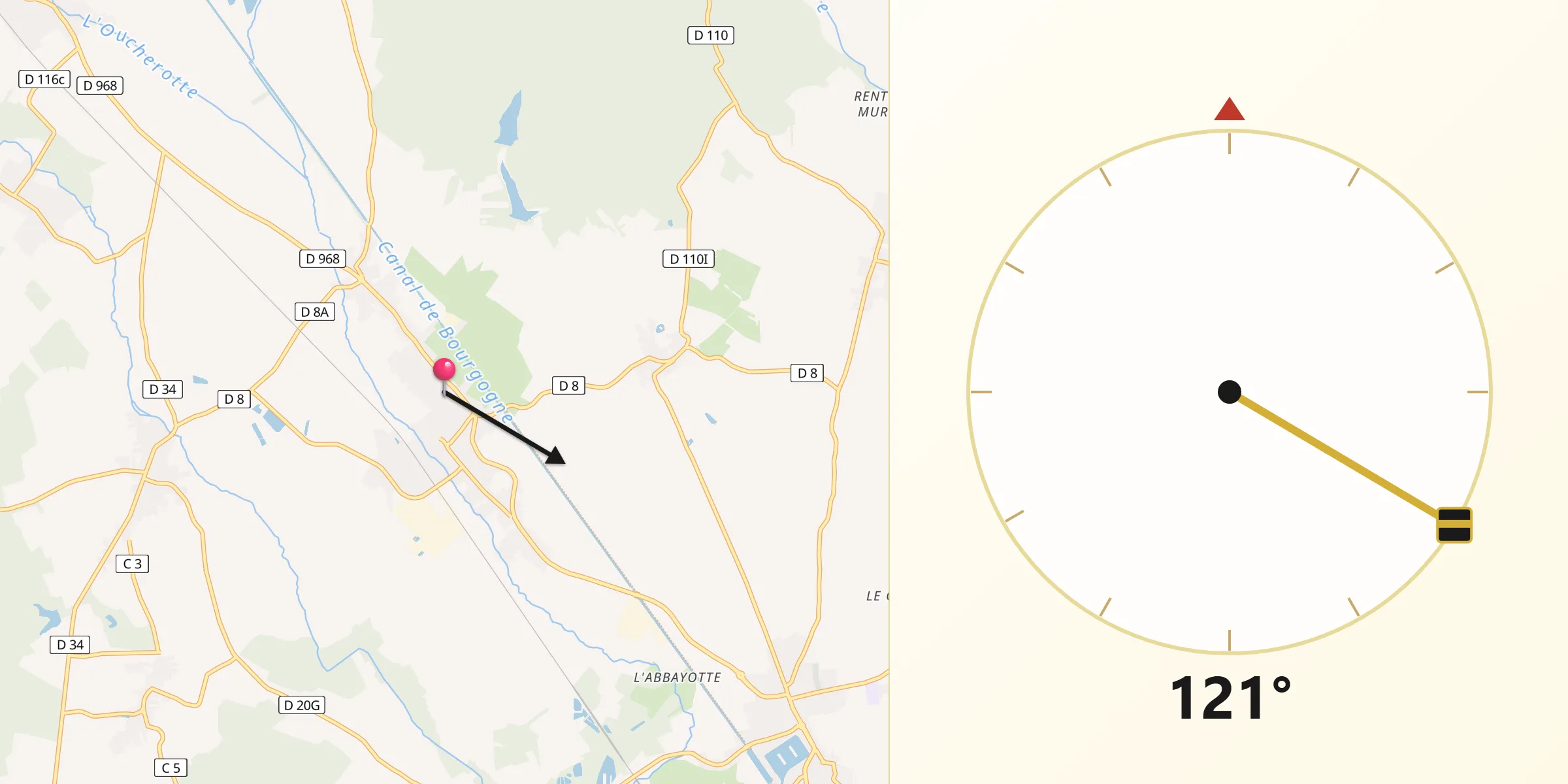 Direction vers la Qibla depuis Brazey-en-Plaine