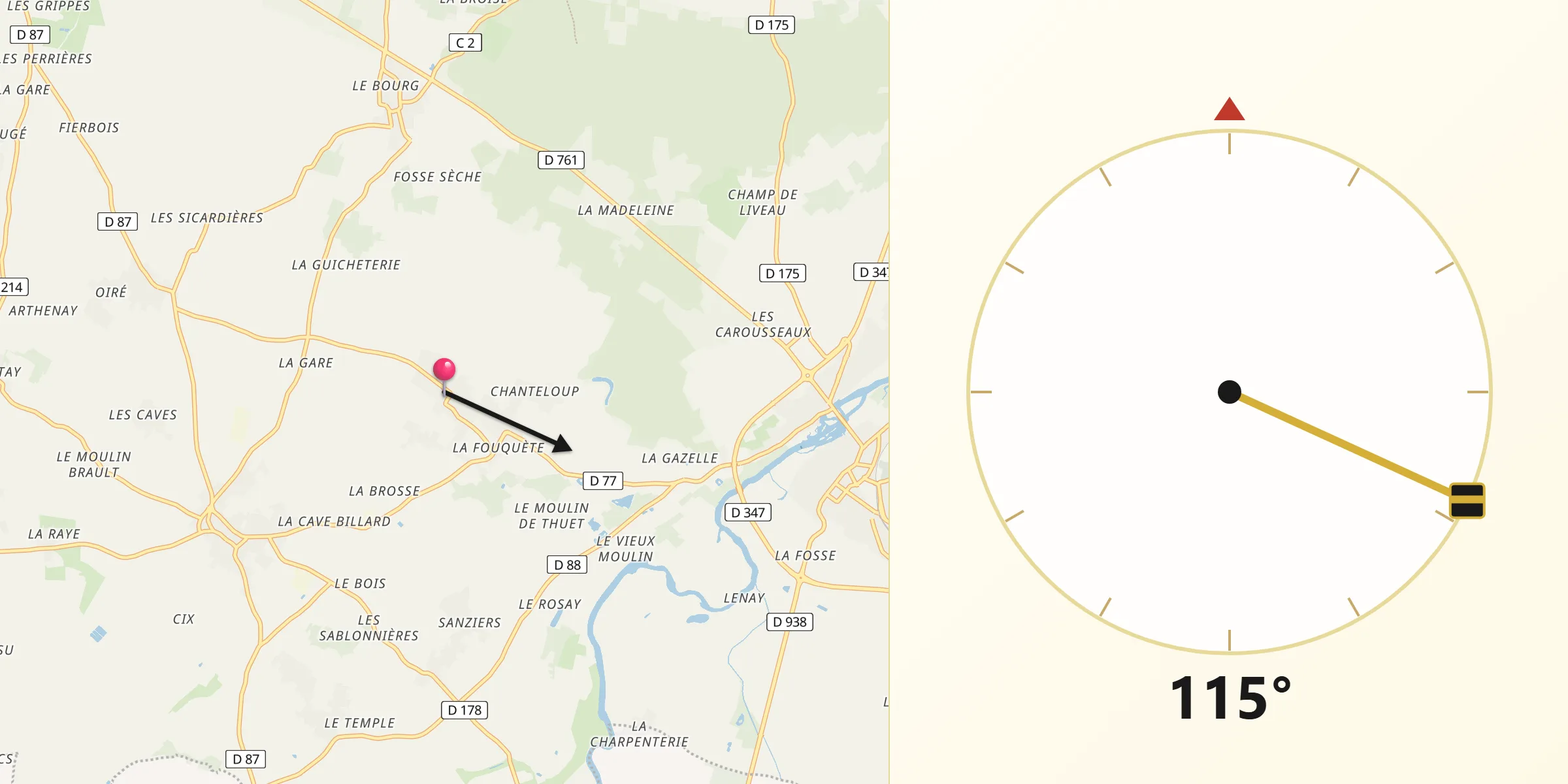 Direction vers la Qibla depuis Vaudelnay