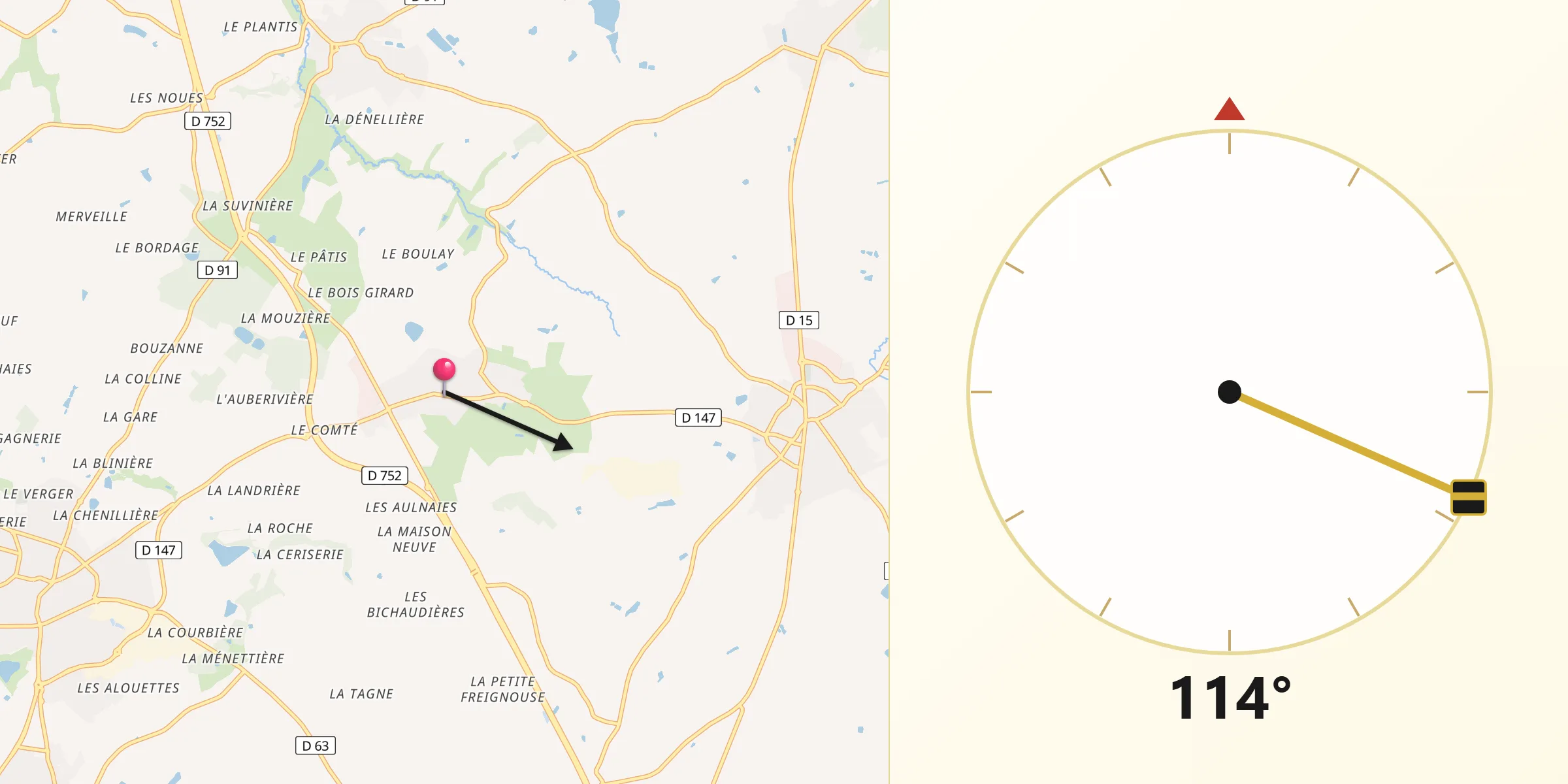 Direction vers la Qibla depuis Bégrolles-en-Mauges