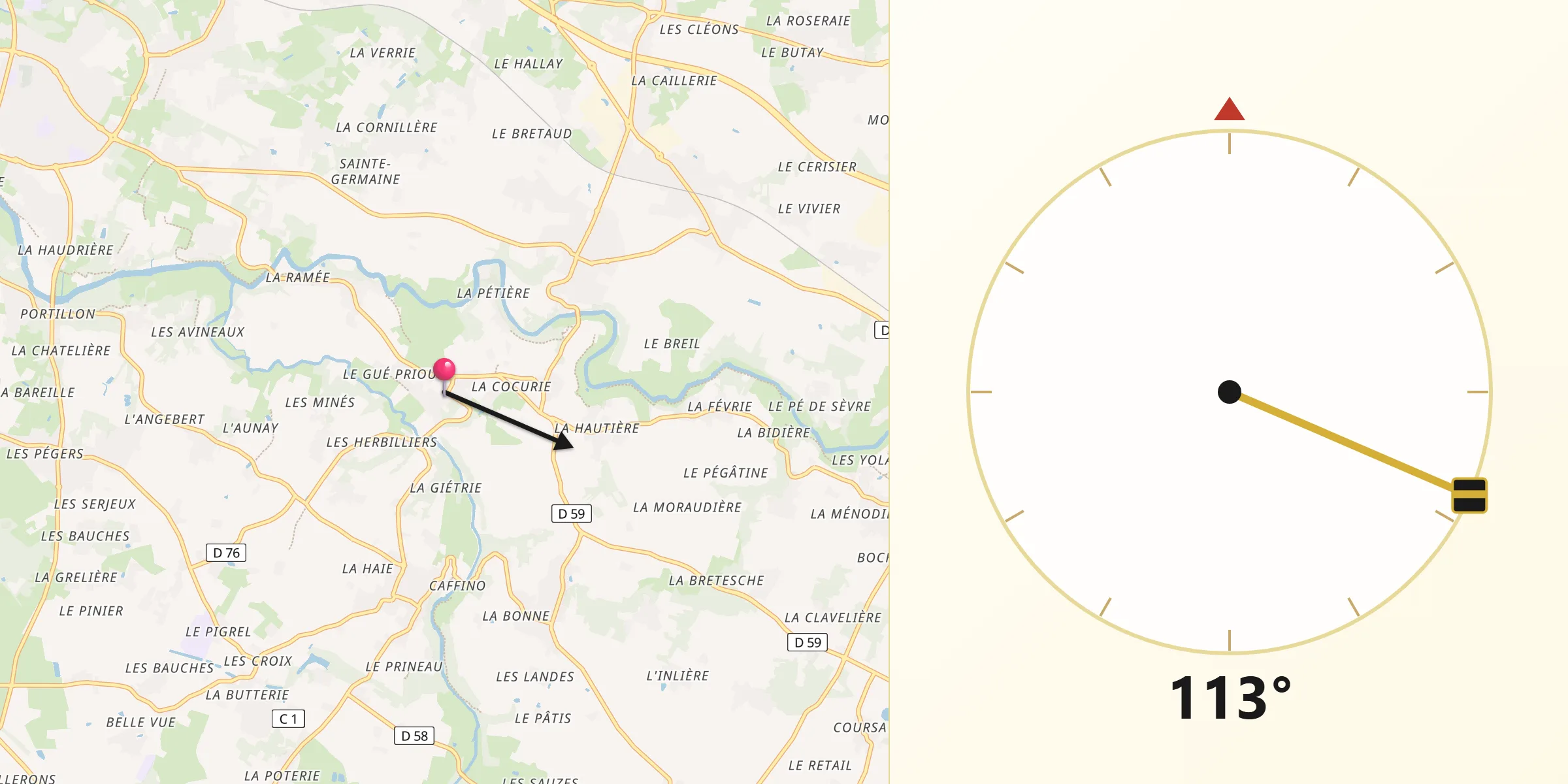 Direction vers la Qibla depuis Saint-Fiacre-sur-Maine