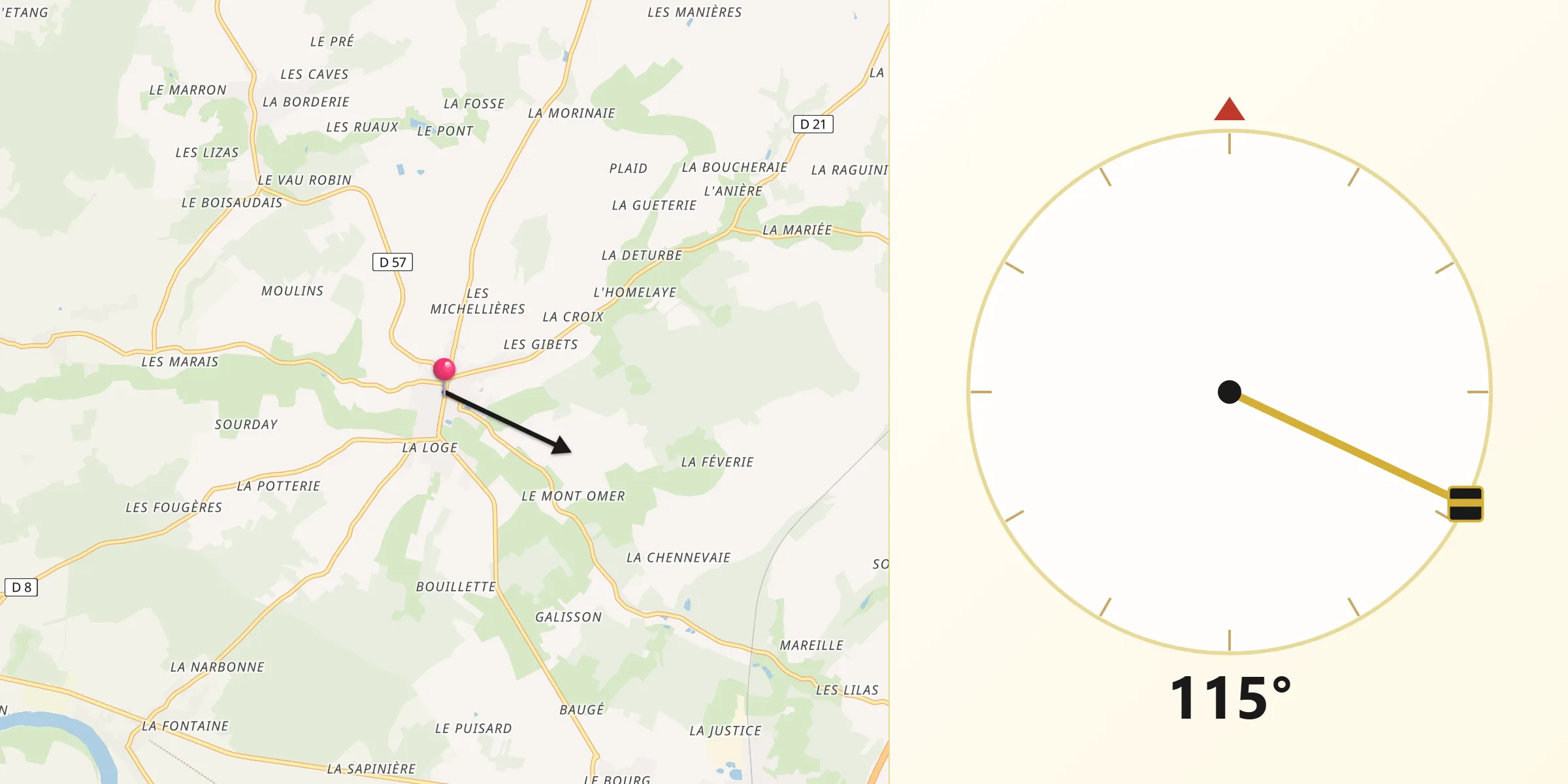 Direction vers la Qibla depuis Saint-Épain