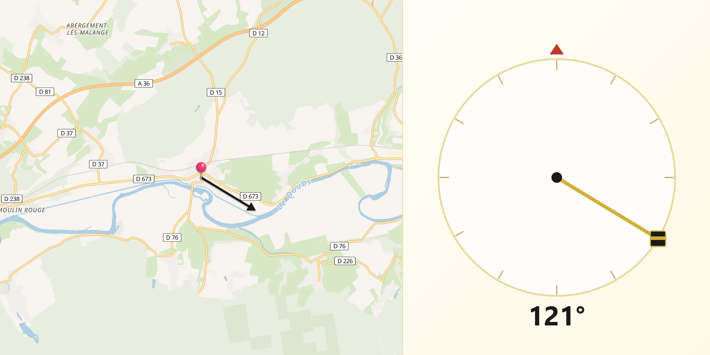 Direction vers la Qibla depuis Orchamps