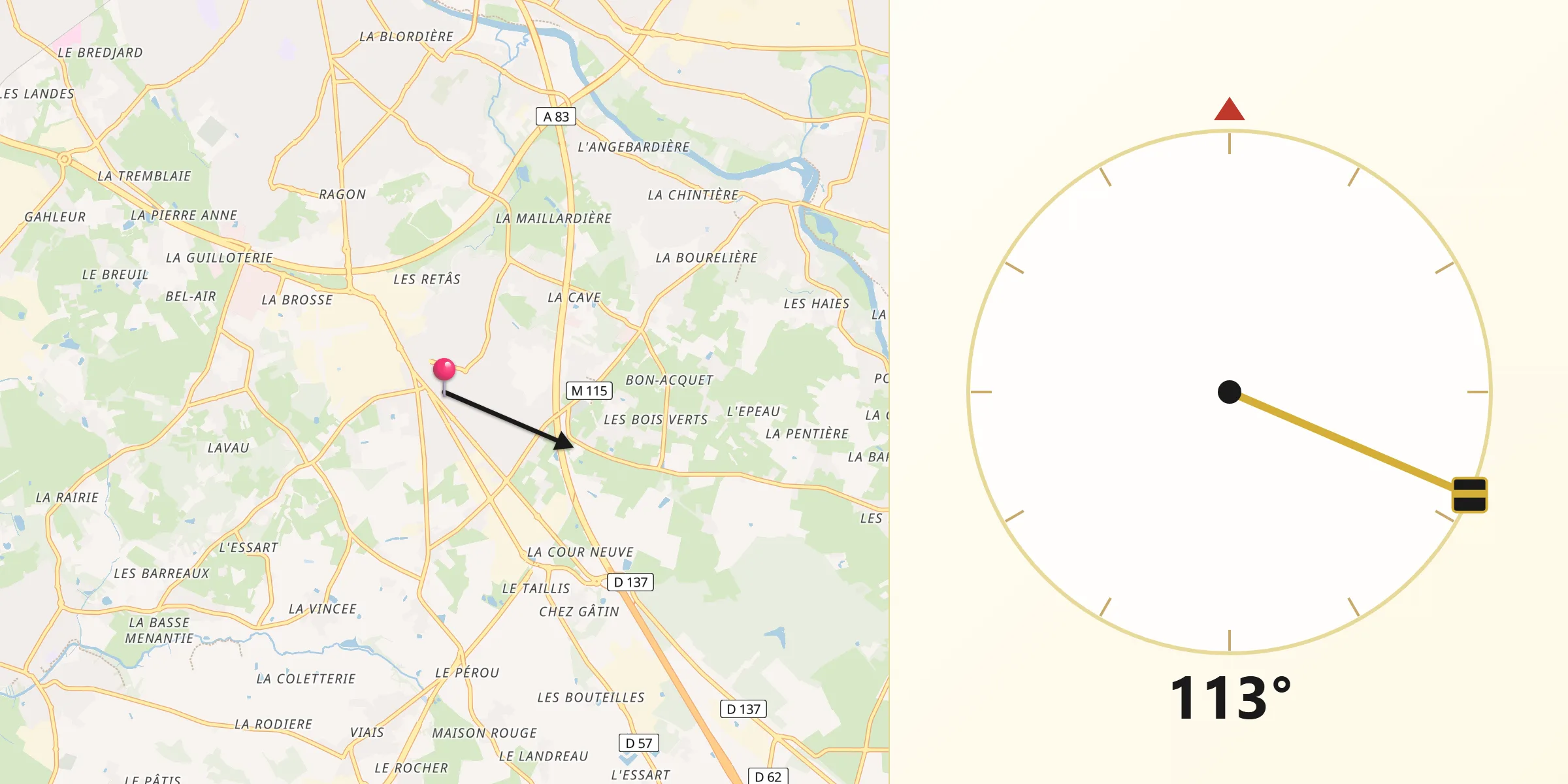 Direction vers la Qibla depuis Les Sorinières