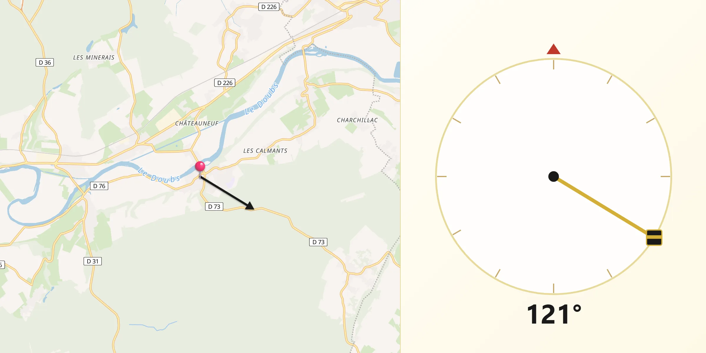 Direction vers la Qibla depuis Fraisans
