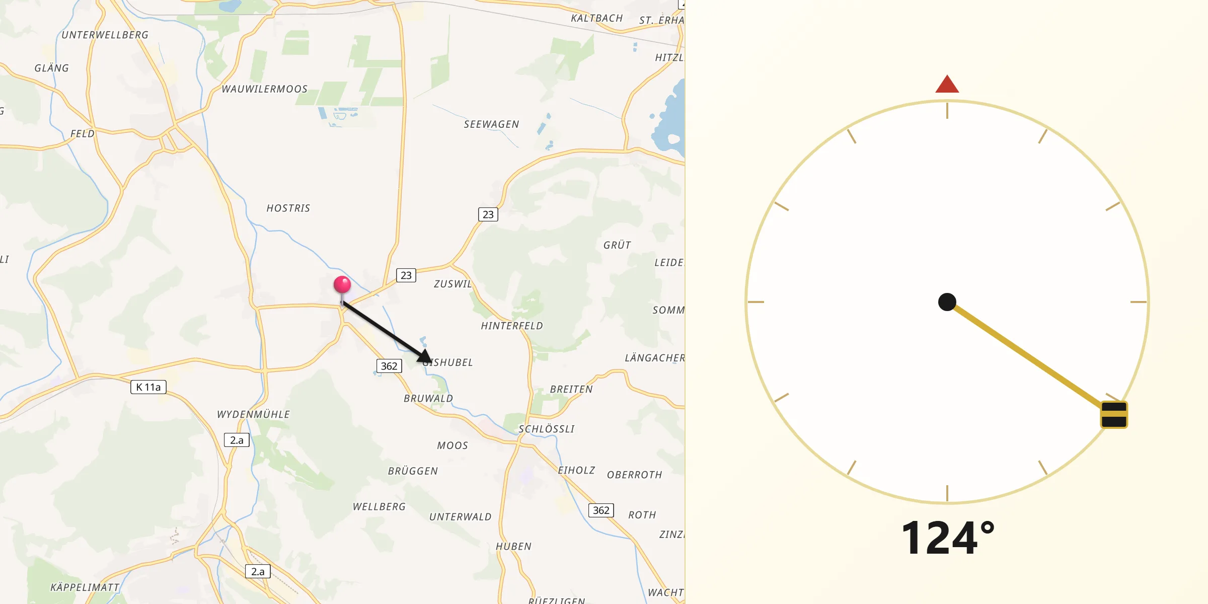 Direction vers la Qibla depuis Ettiswil