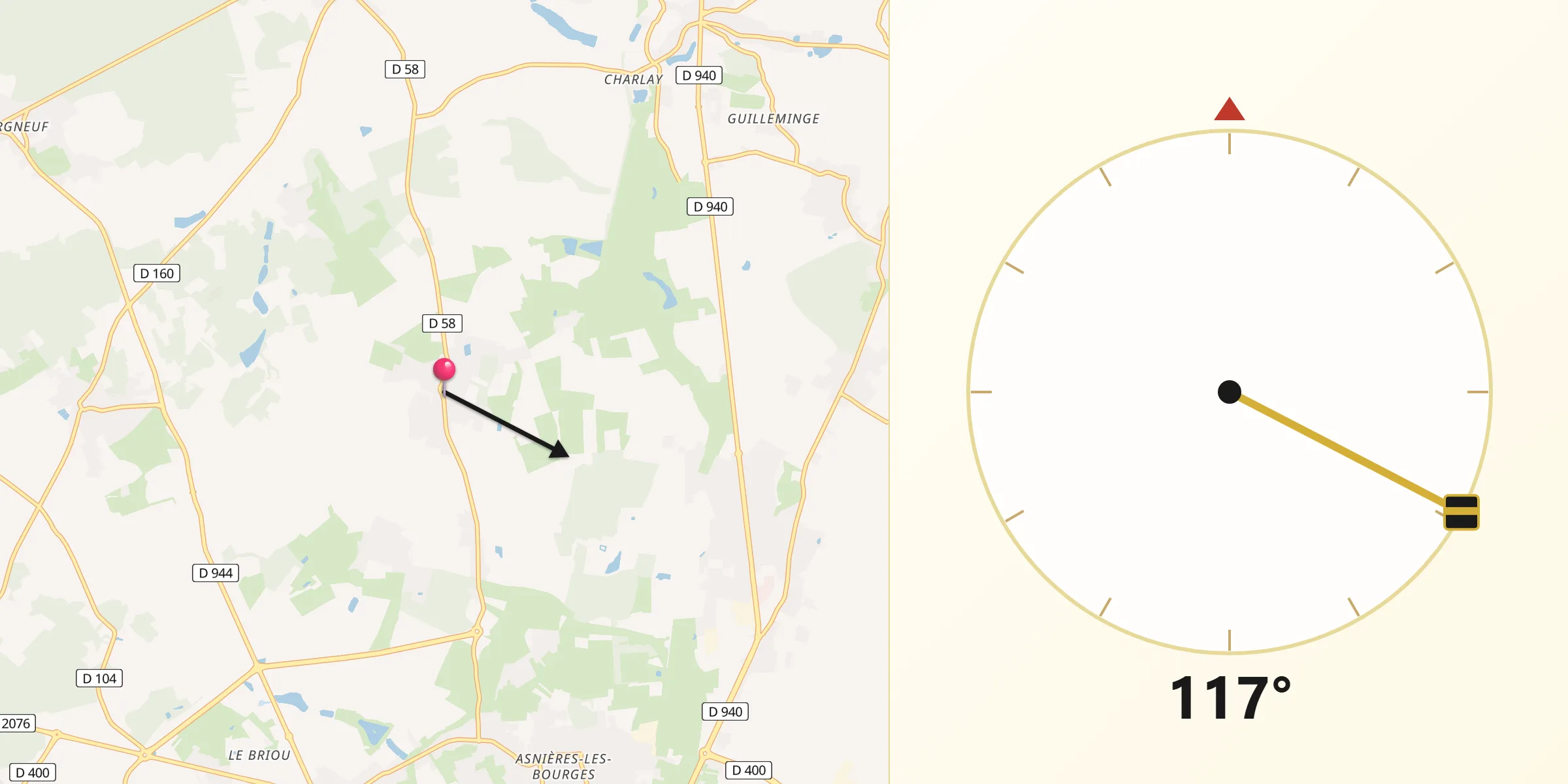 Direction vers la Qibla depuis Vasselay