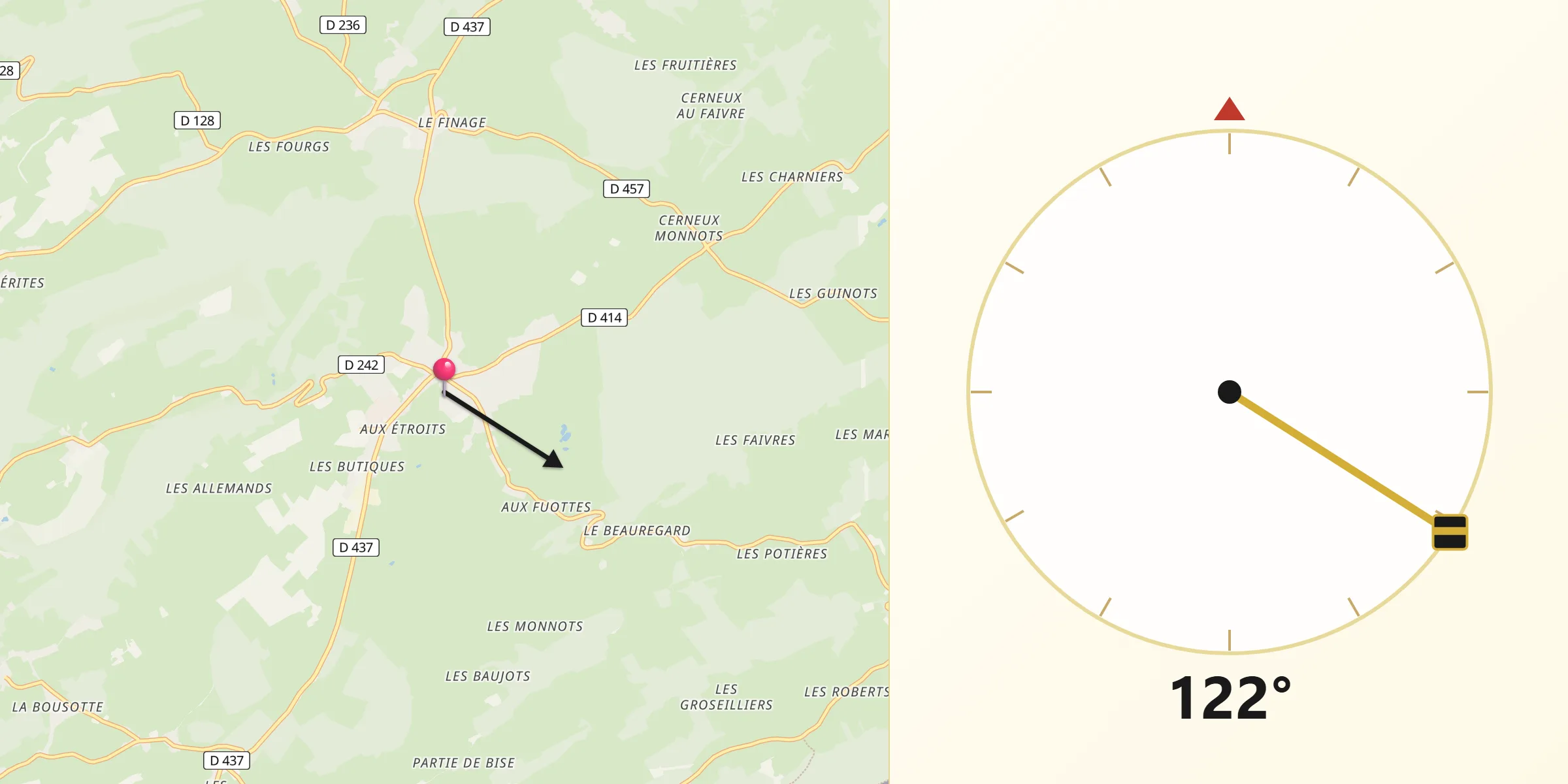 Direction vers la Qibla depuis Le Russey