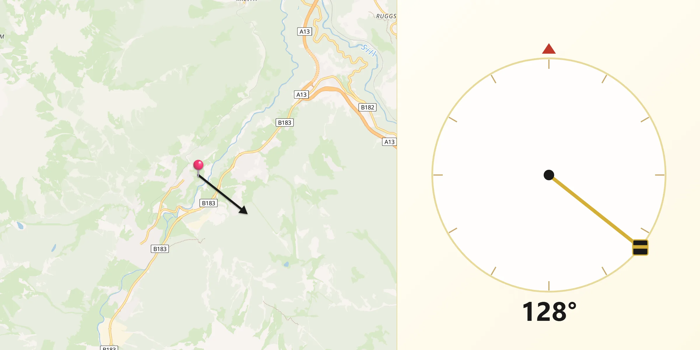 Qibla-Richtung von Telfes im Stubai