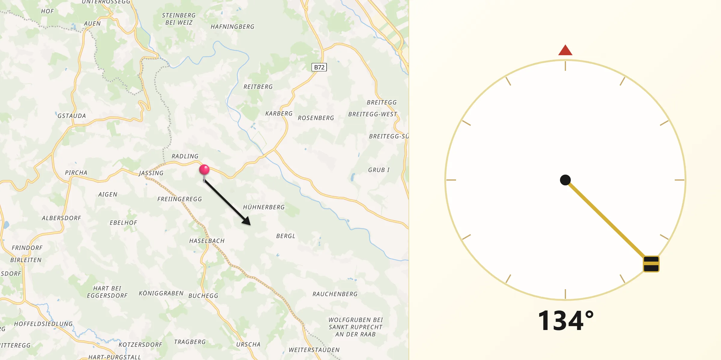 Qibla-Richtung von Mitterdorf an der Raab