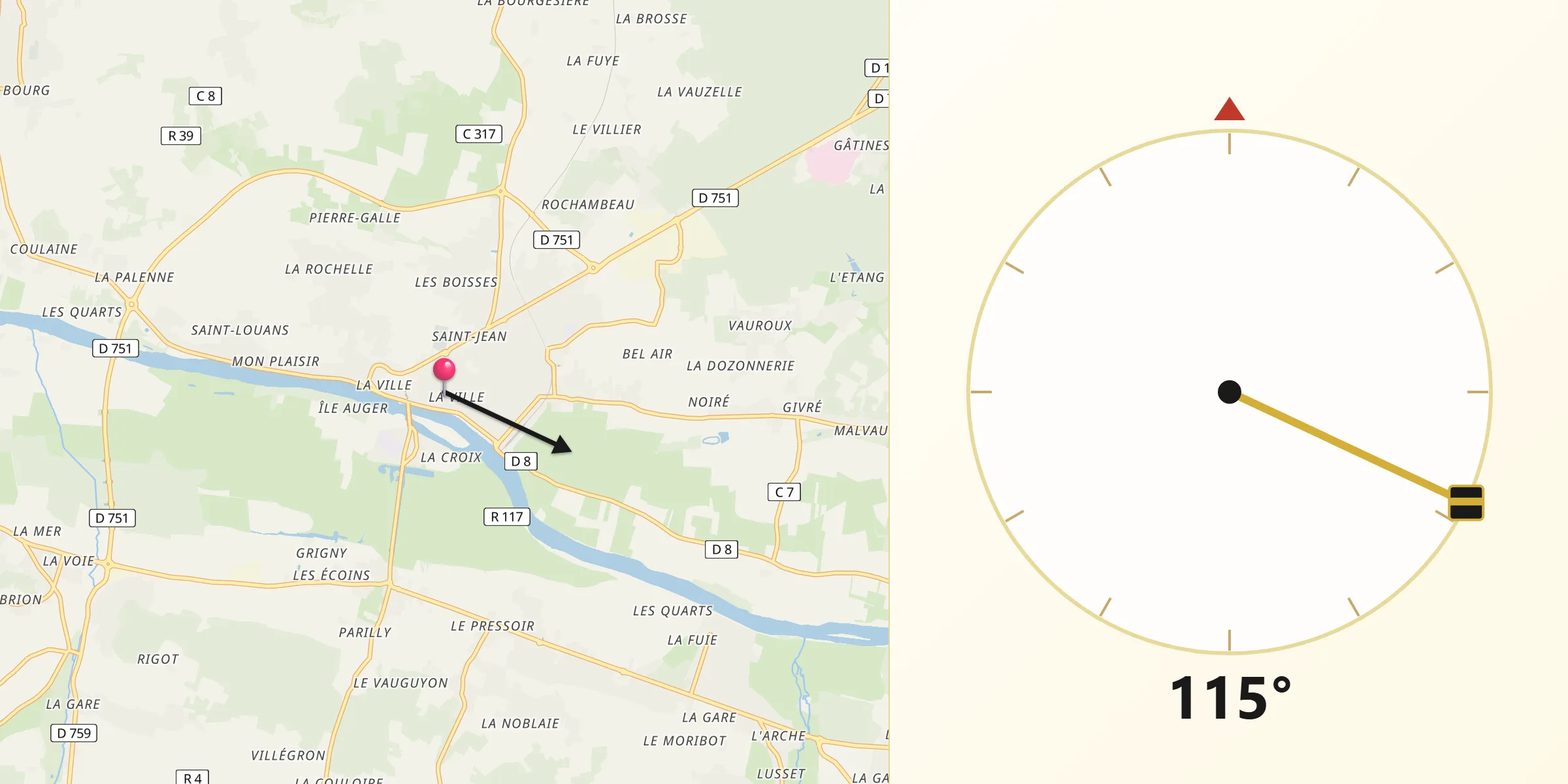 Direction vers la Qibla depuis Chinon