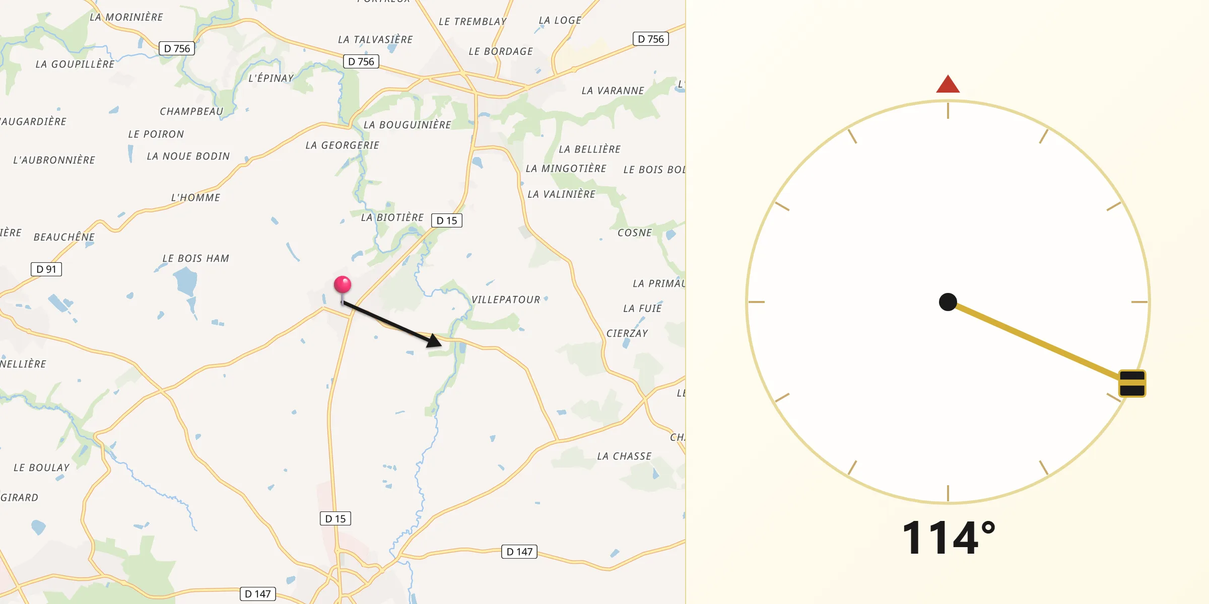 Direction vers la Qibla depuis La Jubaudière