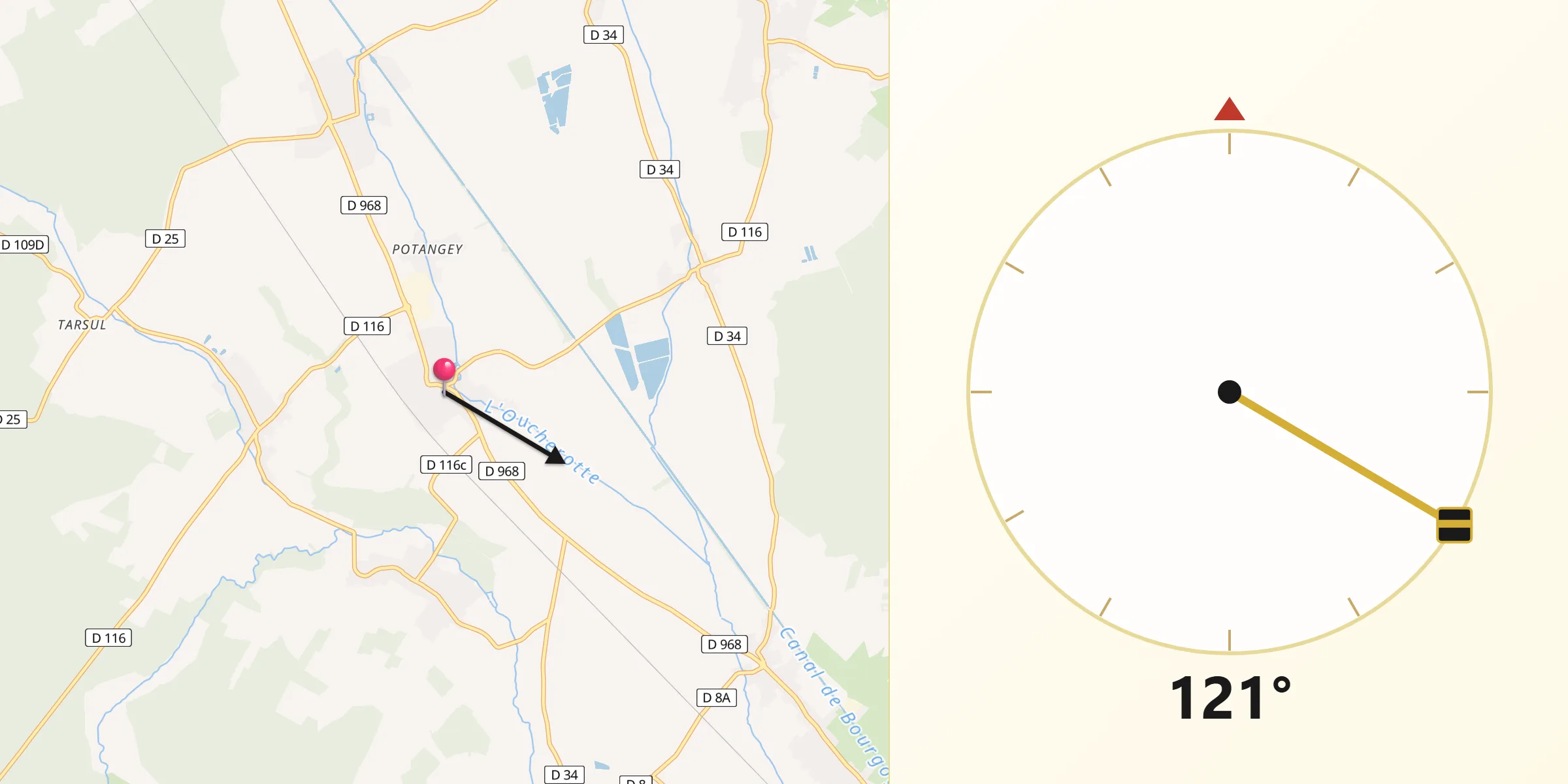 Direction vers la Qibla depuis Aiserey