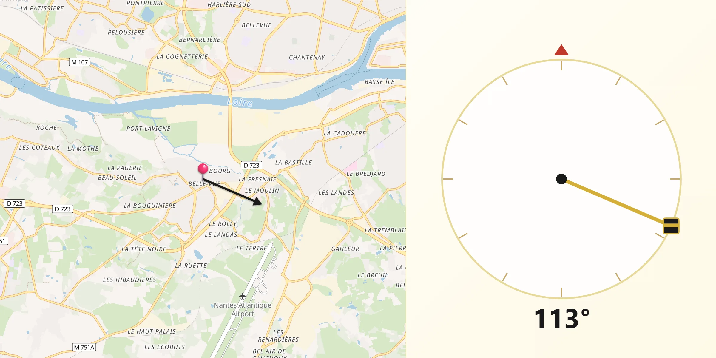 Direction vers la Qibla depuis Bouguenais