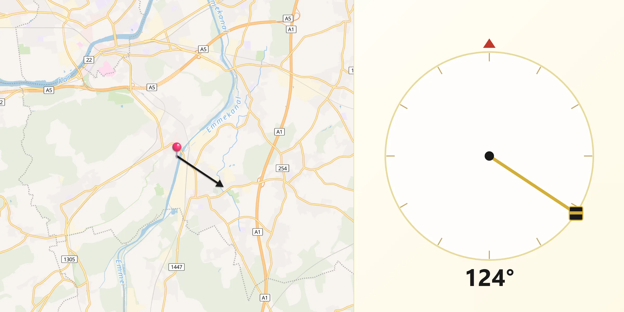 Direction vers la Qibla depuis Biberist