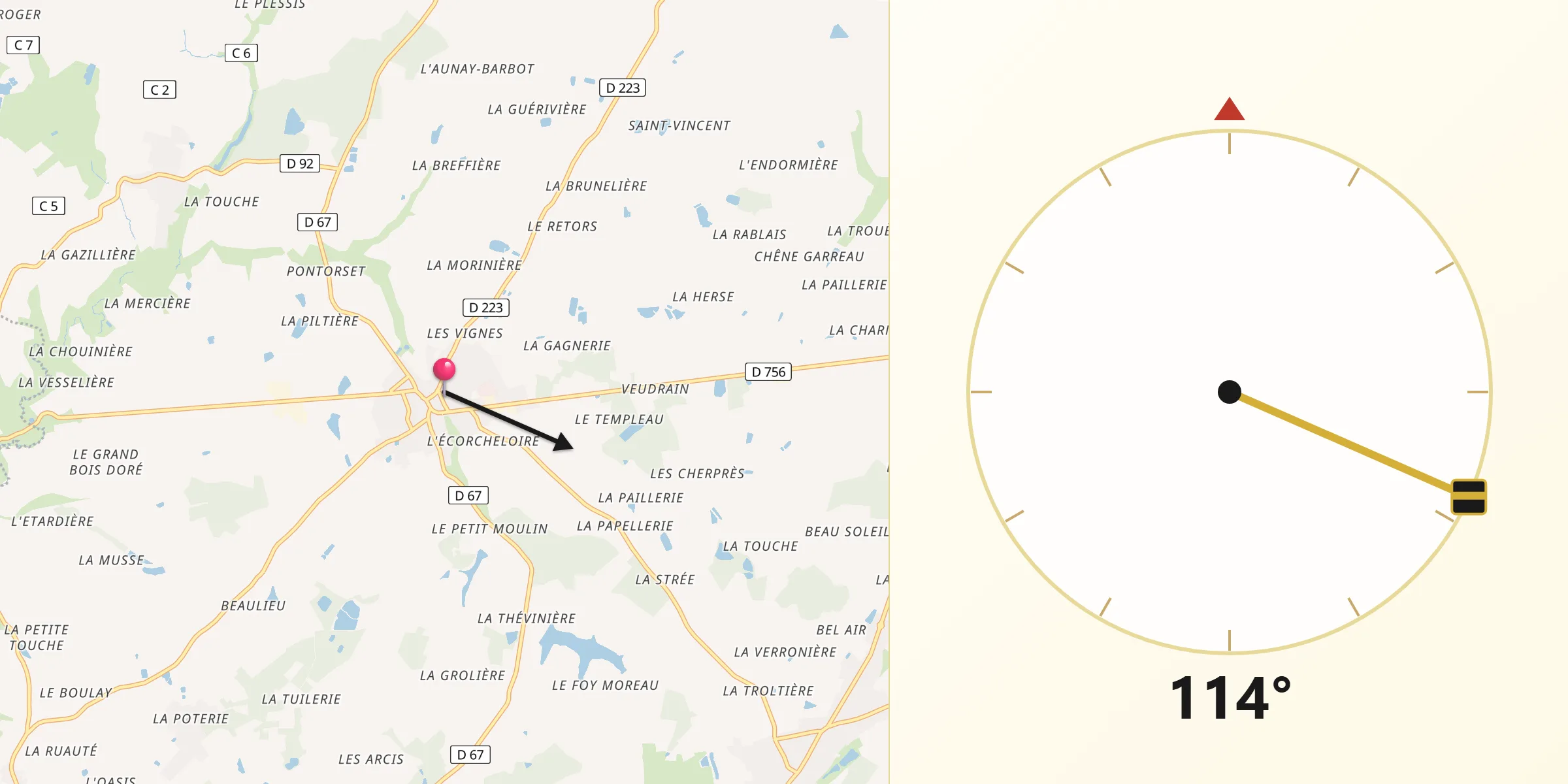 Direction vers la Qibla depuis Gesté
