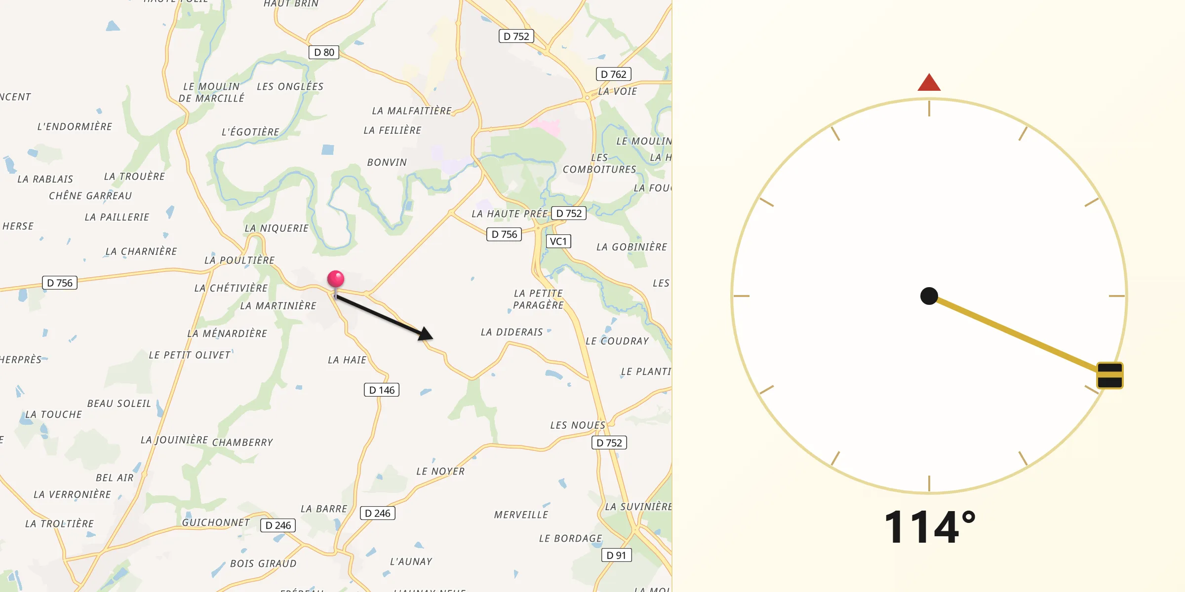 Direction vers la Qibla depuis La Chapelle-du-Genêt