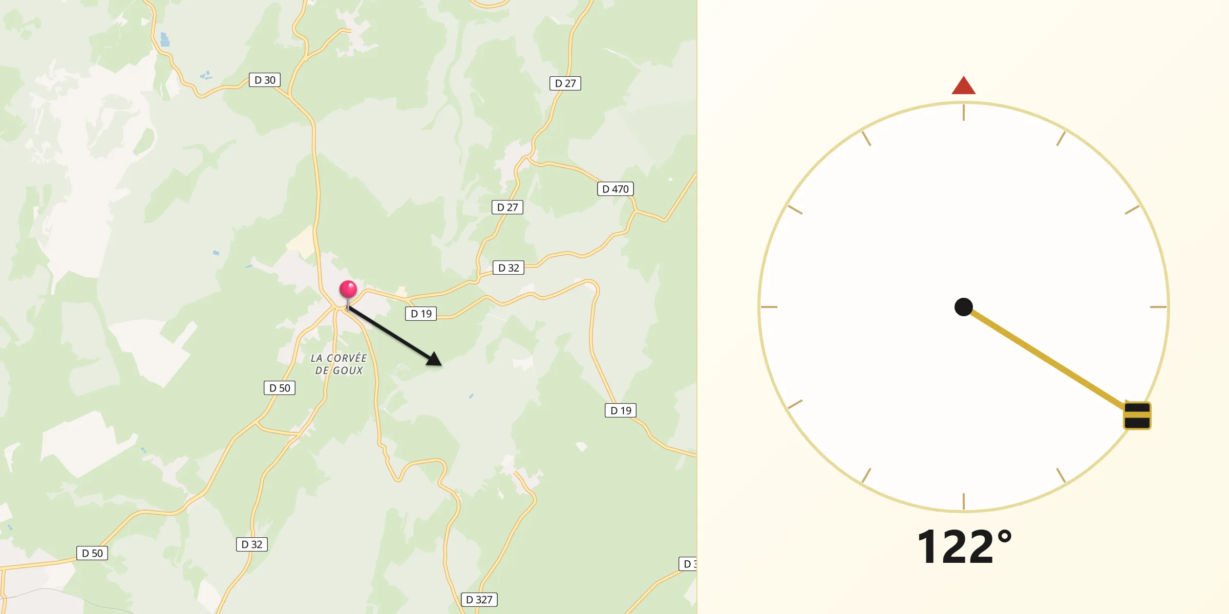 Direction vers la Qibla depuis Vercel-Villedieu-le-Camp
