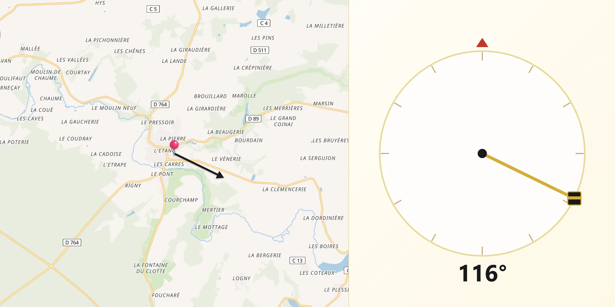 Direction vers la Qibla depuis Genillé