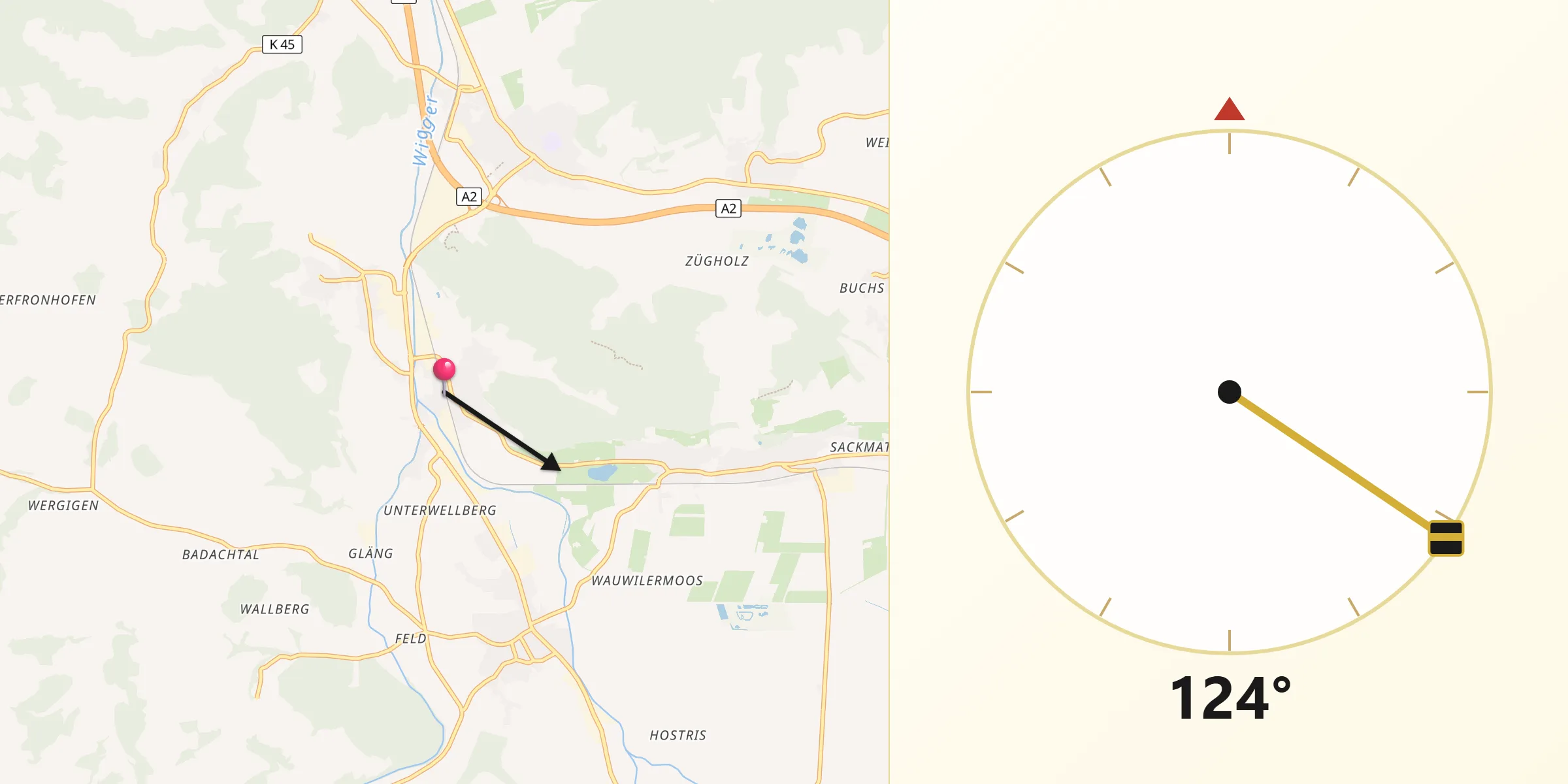 Direction vers la Qibla depuis Nebikon
