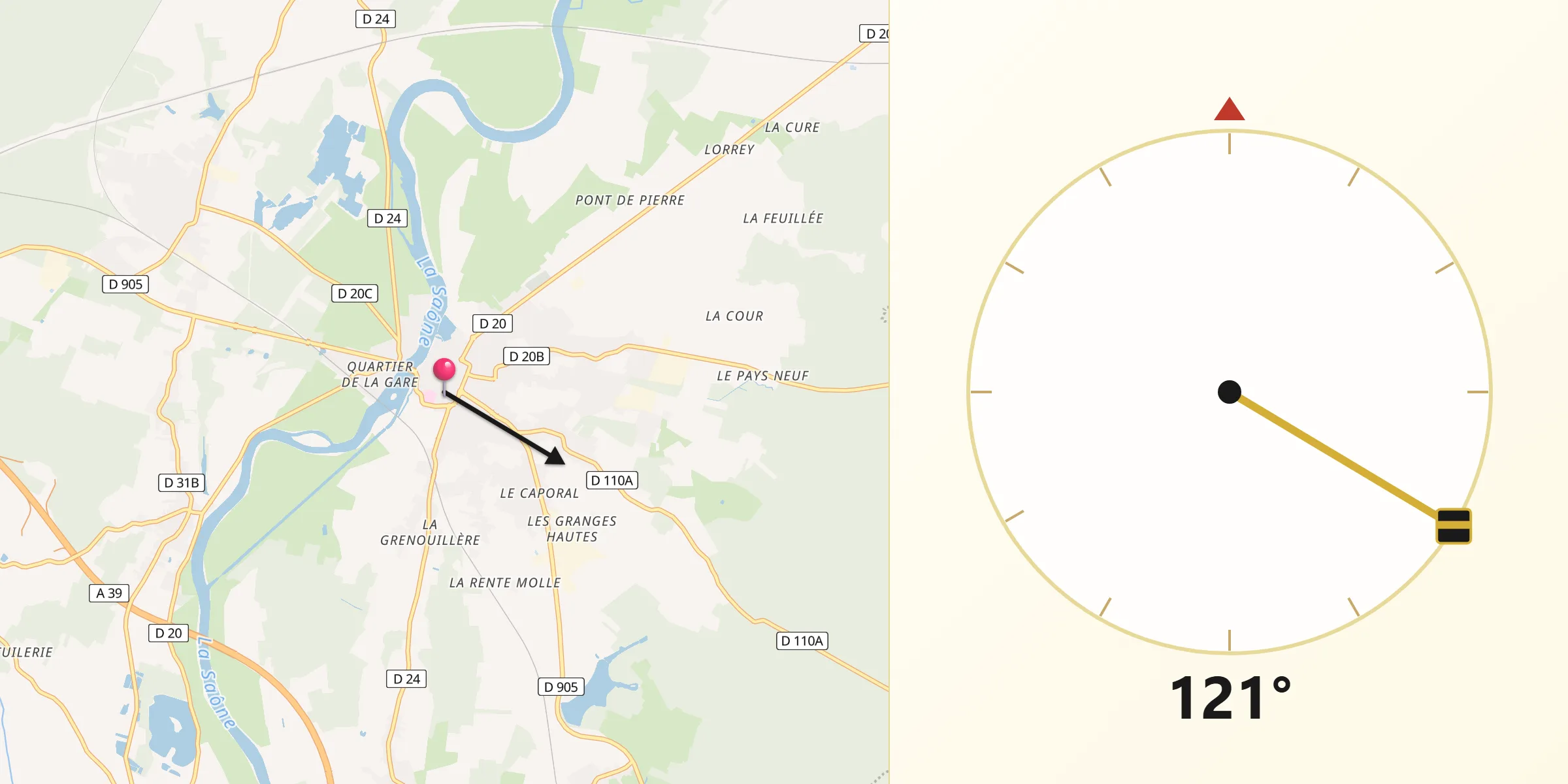 Direction vers la Qibla depuis Auxonne
