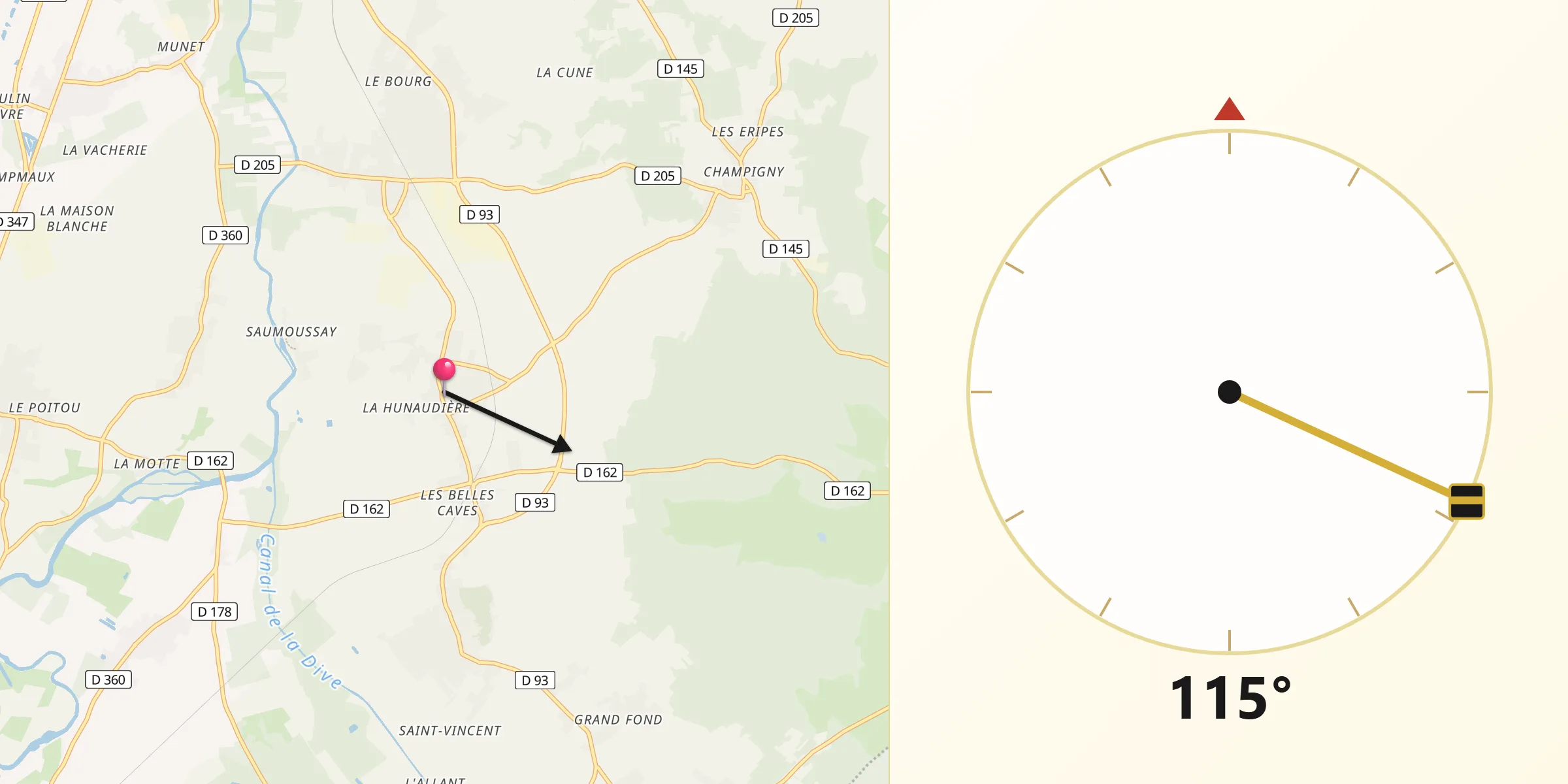 Direction vers la Qibla depuis Saint-Cyr-en-Bourg