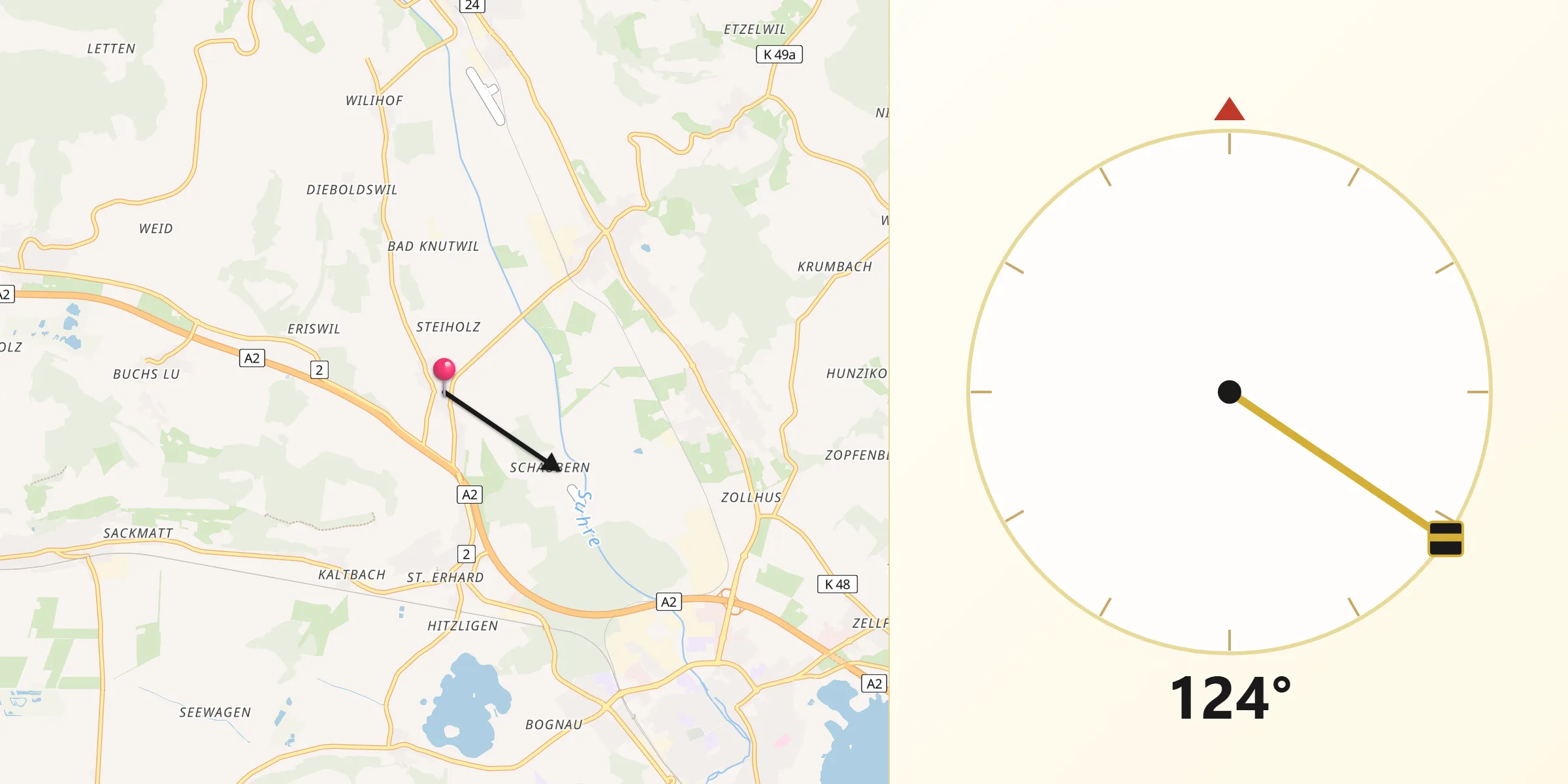 Direction vers la Qibla depuis Knutwil
