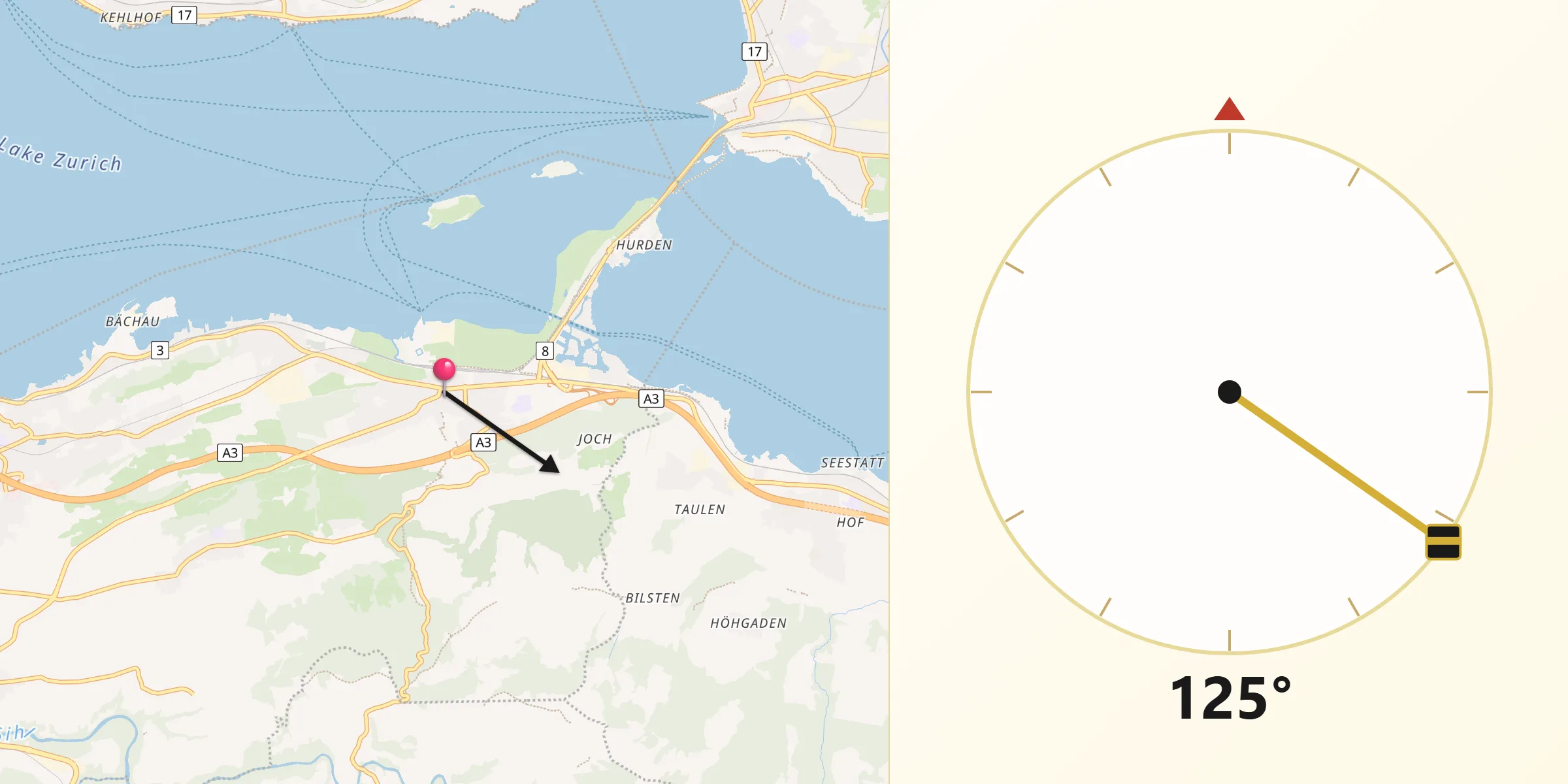 Direction vers la Qibla depuis Pfäffikon