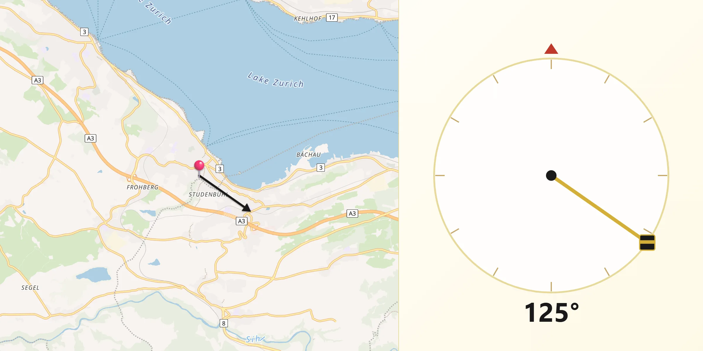 Qibla-Richtung von Richterswil / Richterswil (Dorfkern)