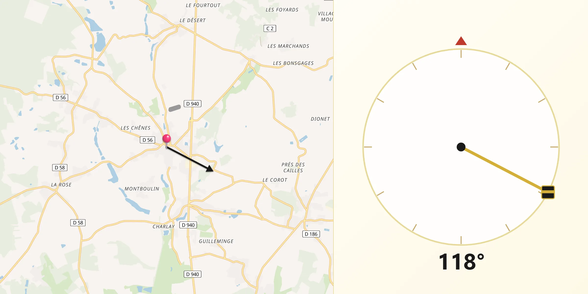 Direction vers la Qibla depuis Saint-Martin-d’Auxigny