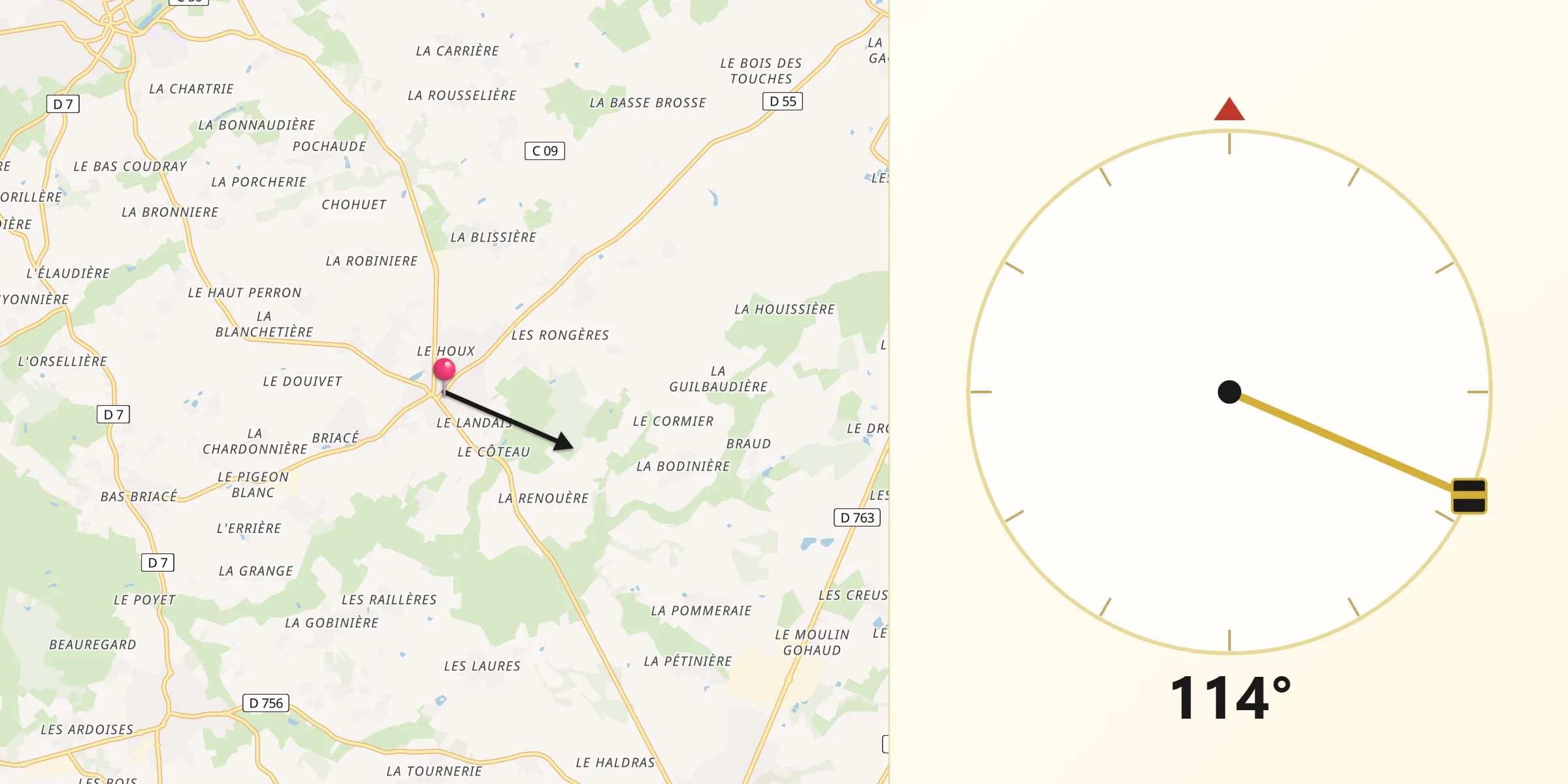 Direction vers la Qibla depuis Le Landreau