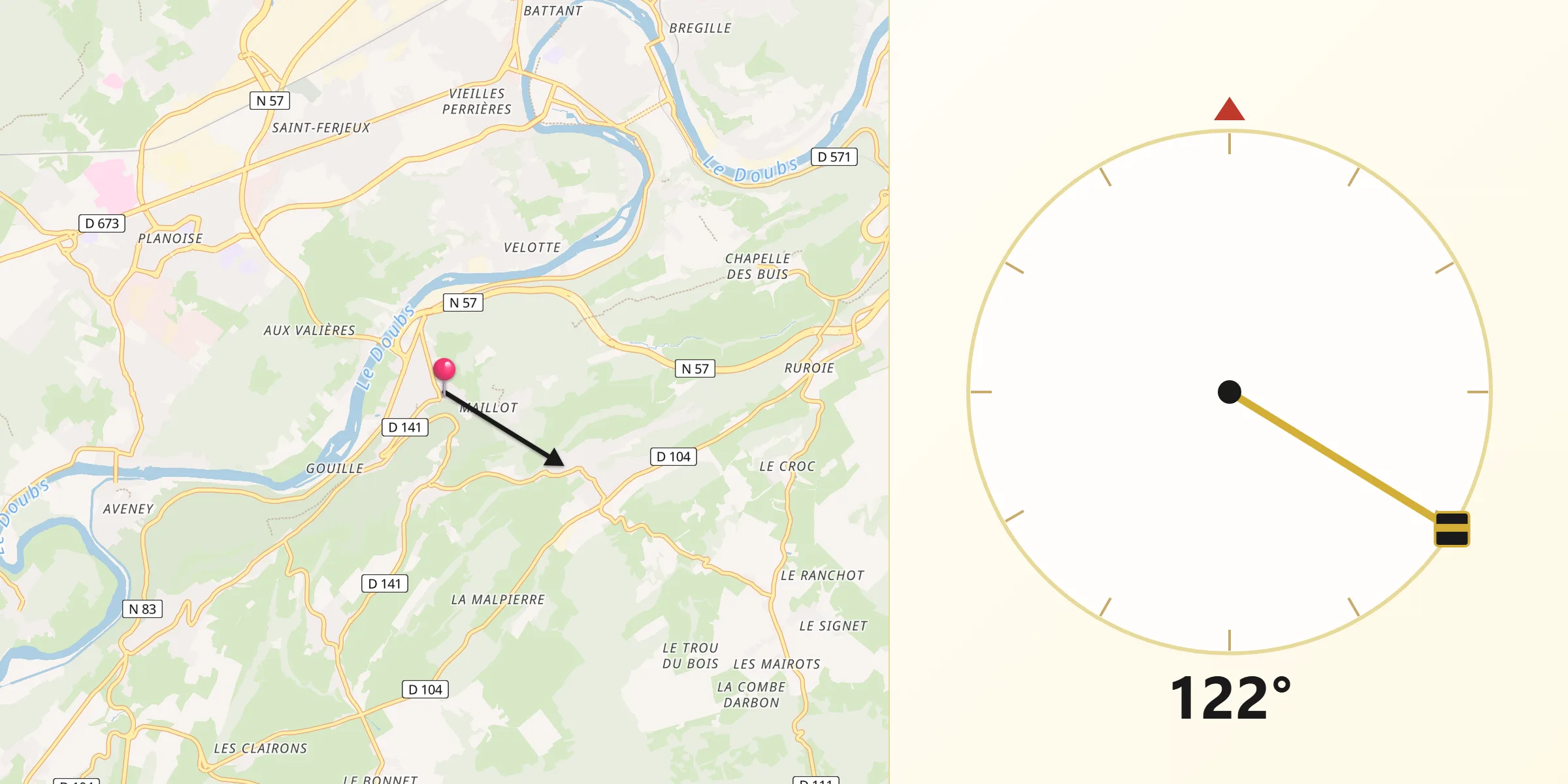 Direction vers la Qibla depuis Beure