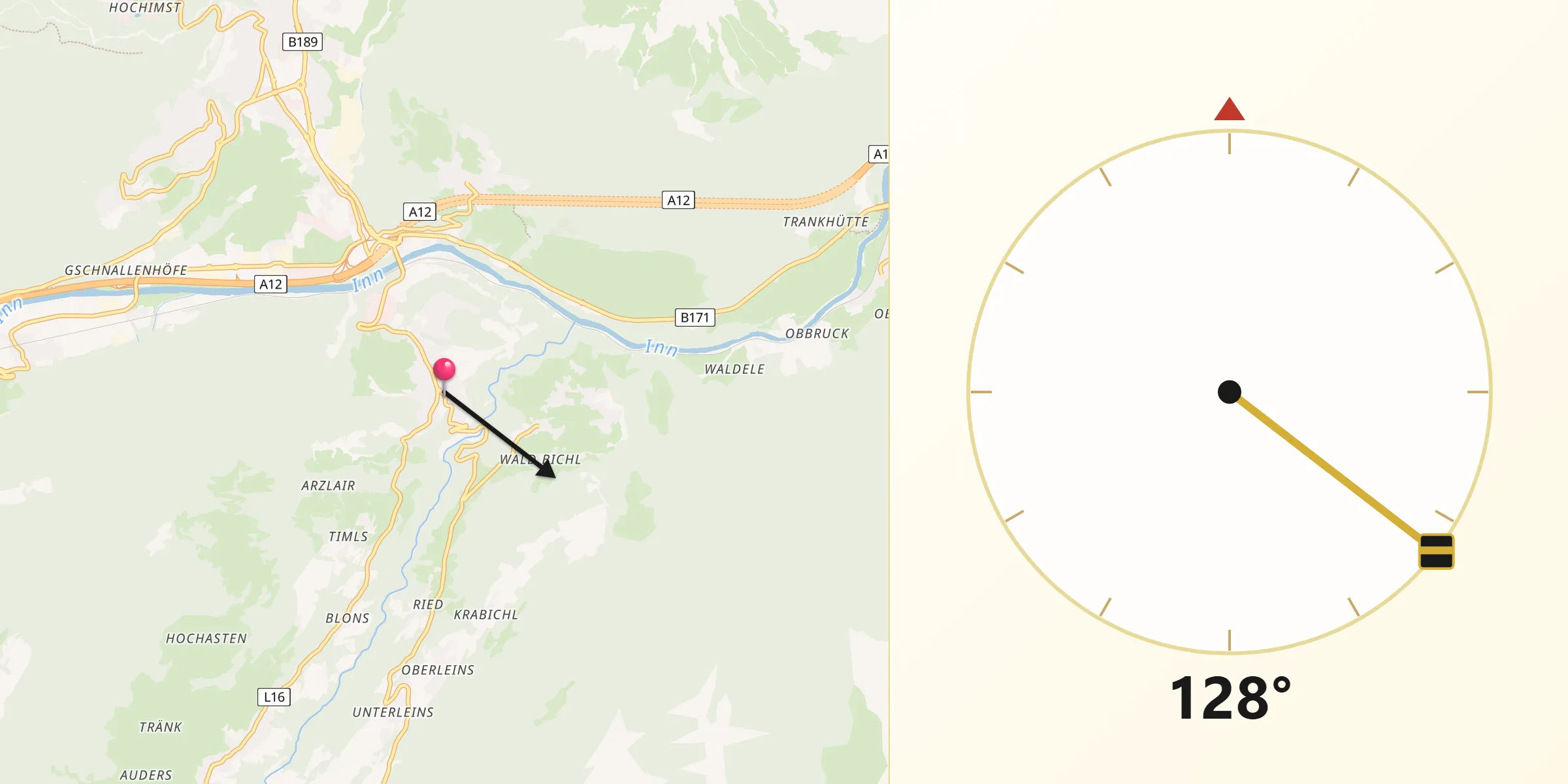 Qibla-Richtung von Arzl im Pitztal