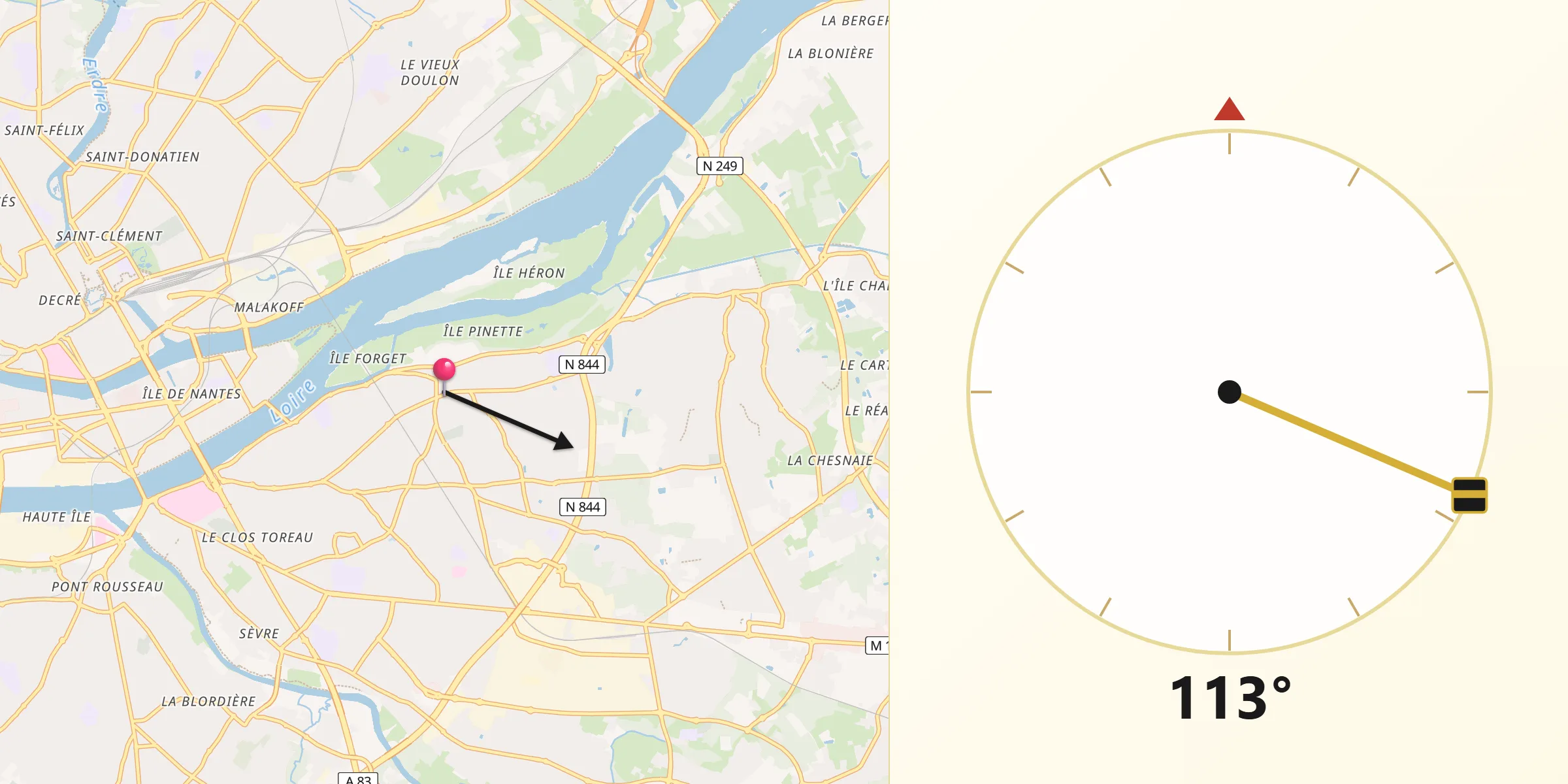 Direction vers la Qibla depuis Saint-Sébastien-sur-Loire